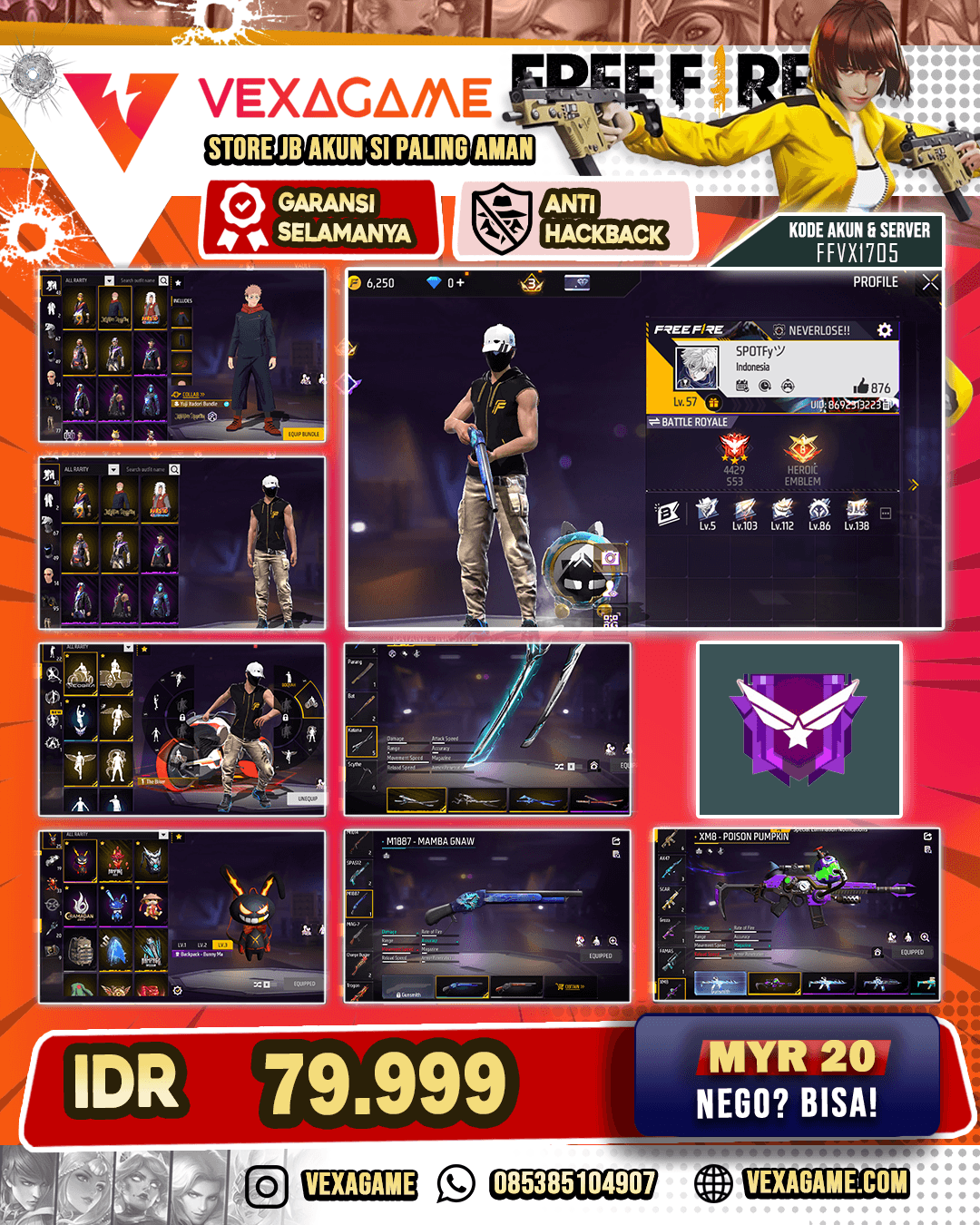 Akun FF Murah | AK47 Unicorn's Rage | Scar Paradise | Xm8 Poison Pumpkin |  AN94 Tornado Bolt  | SG Mamba | Katana On | Bundle JJk | Bundle Jiraya