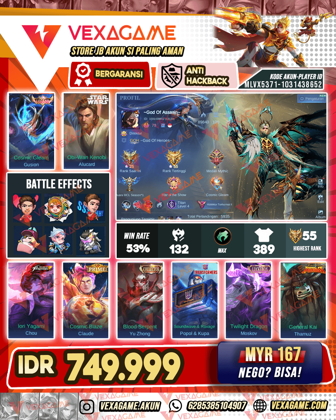 Gusion Legend | Alucard Starwars | Chou KOF | Popol Kupa Transformers |  Yu Zhong Collector  Emblem MAX & Hero MAX | Recall Tas Tas