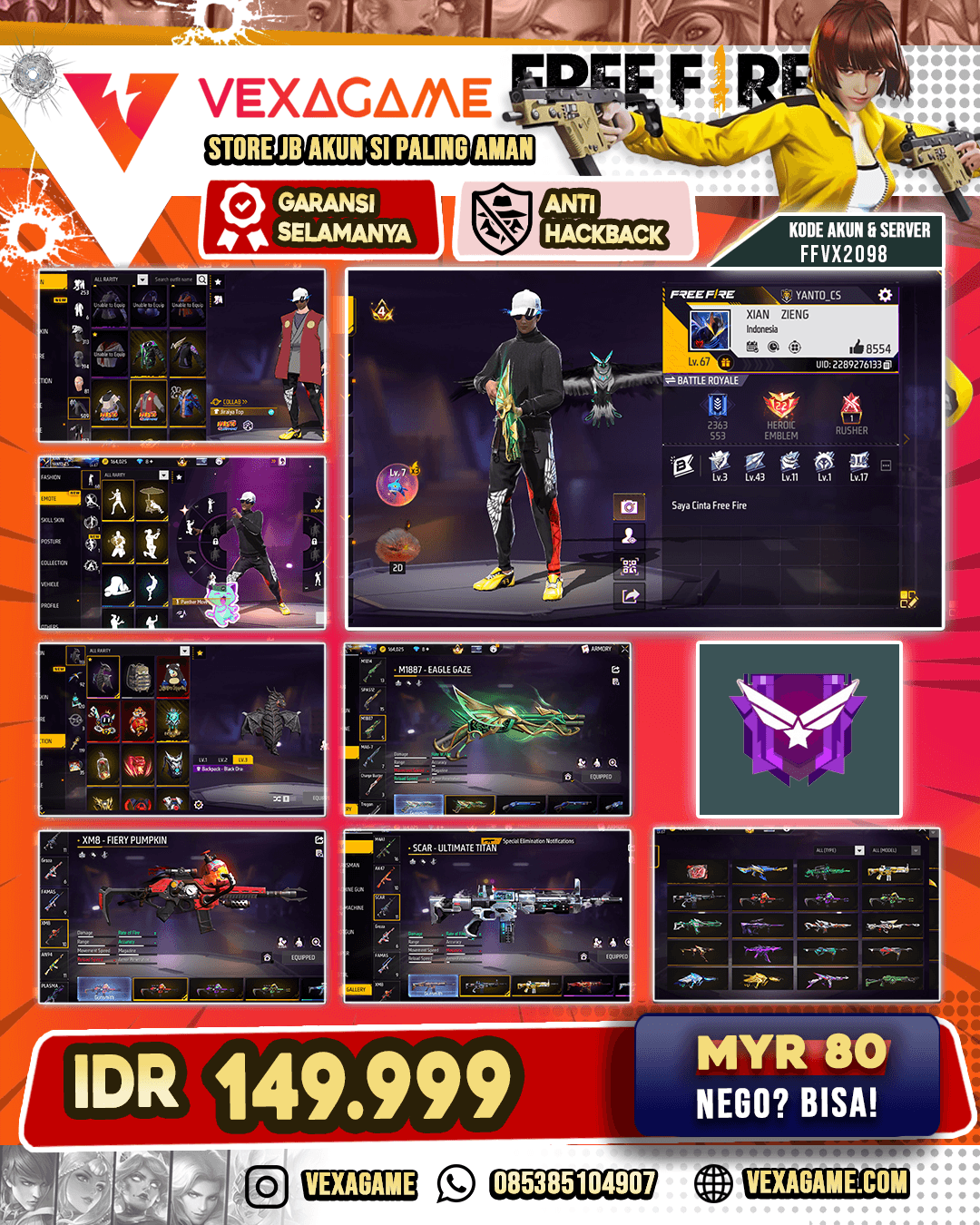 M4A1 Stromy Ascent | M4A1 Venom Netherworld | Scar Ultimate Titan | XM8 Fiery Pumkin | An94 Tornado bolt | SG Mata Elang X SG Trio Biru | Katana On | Bundle Naruto | Vault 500++| Emot 65 |