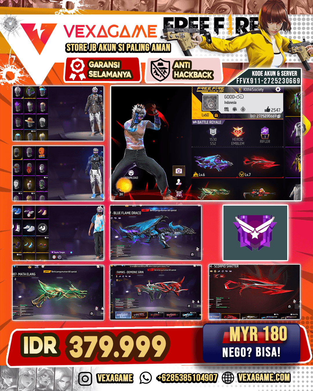 SG Mata Elang | SG Scorpio Shatter Lv MAX | XM8 FIery Pumpkin | FAMAS Demonic Grin Lv 4 | SCAR Ulitmate Titan | AK47 Blue Flame Draco Lv 6 | Backpack Bunny | Vault 250+