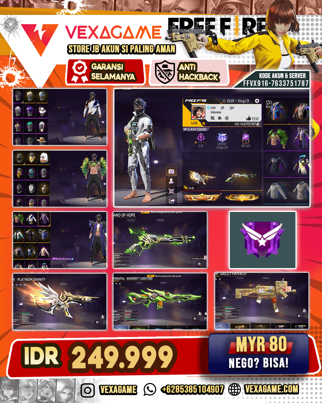 SG Lumut | MP5 Platinum Divinity Lv 6 | UMP Grizzly Papercut | Parafal Windrift Undying | Groza Flames Enchanted | Backpack Domba | Vault 100+
