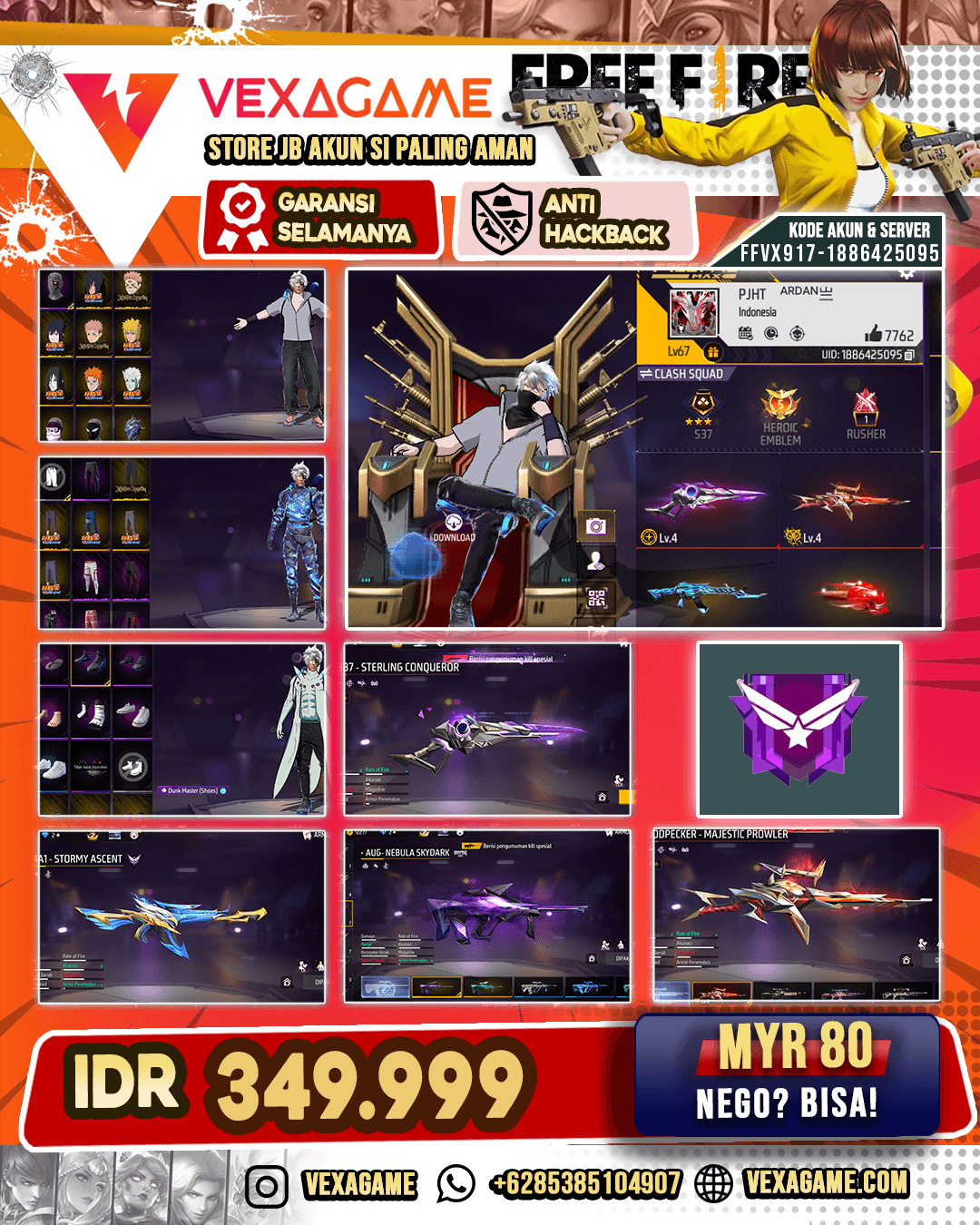 Sterling Conqueror Lv 4 | Woodpecker Majestic Prowler Lv 4 | AUG 2 Rasa | SCAR 3 Rasa | M4A1 Stormy Ascent | Backpack Bunny | Backpack Sayap | Vault 350+