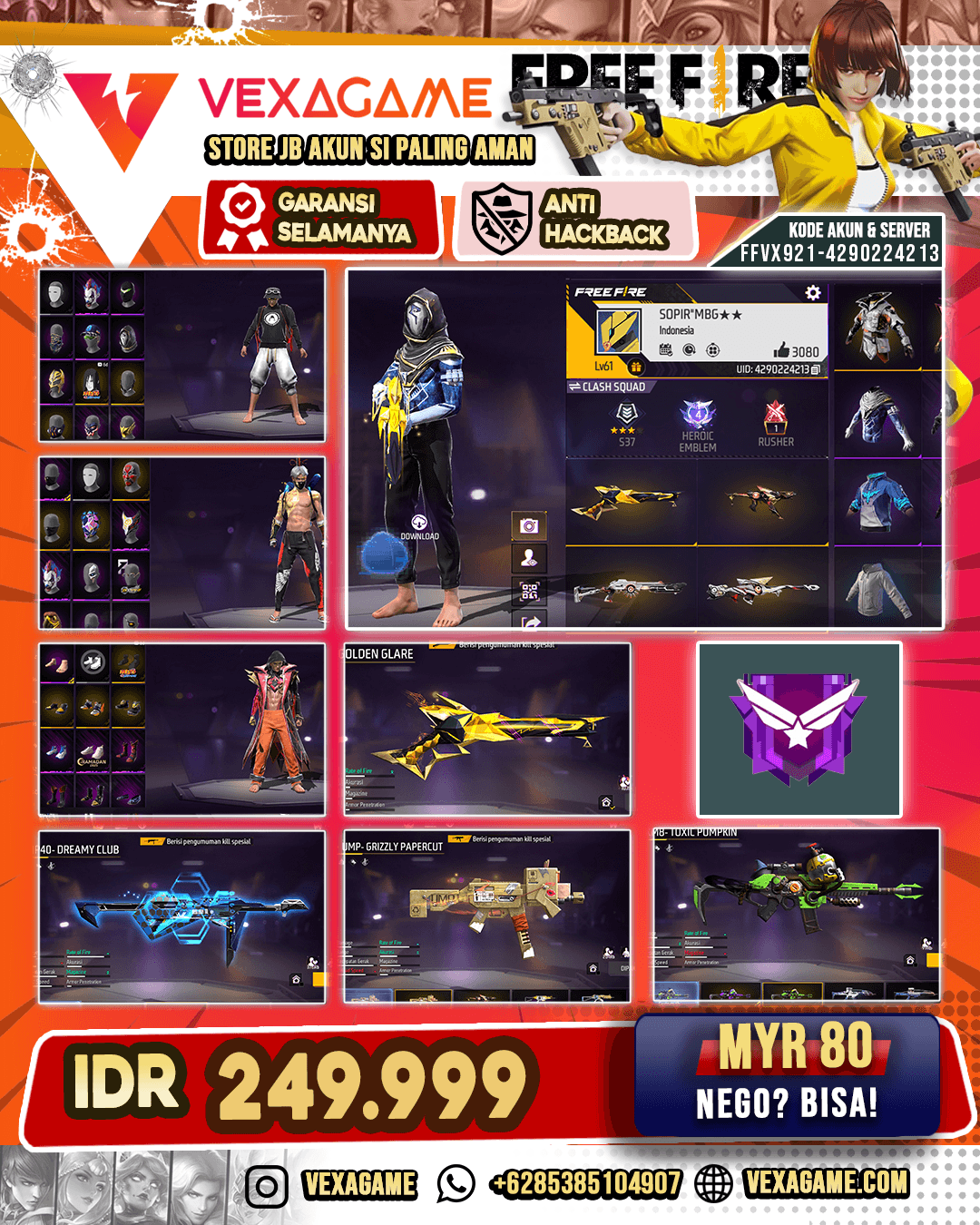 SG Golden Glare | MP40 2 Rasa | UMP Grizzly Papercut | XM8 Toxic Pumpkin | Backpack Kupu Kupu | Celana Penajara | Vault 200+