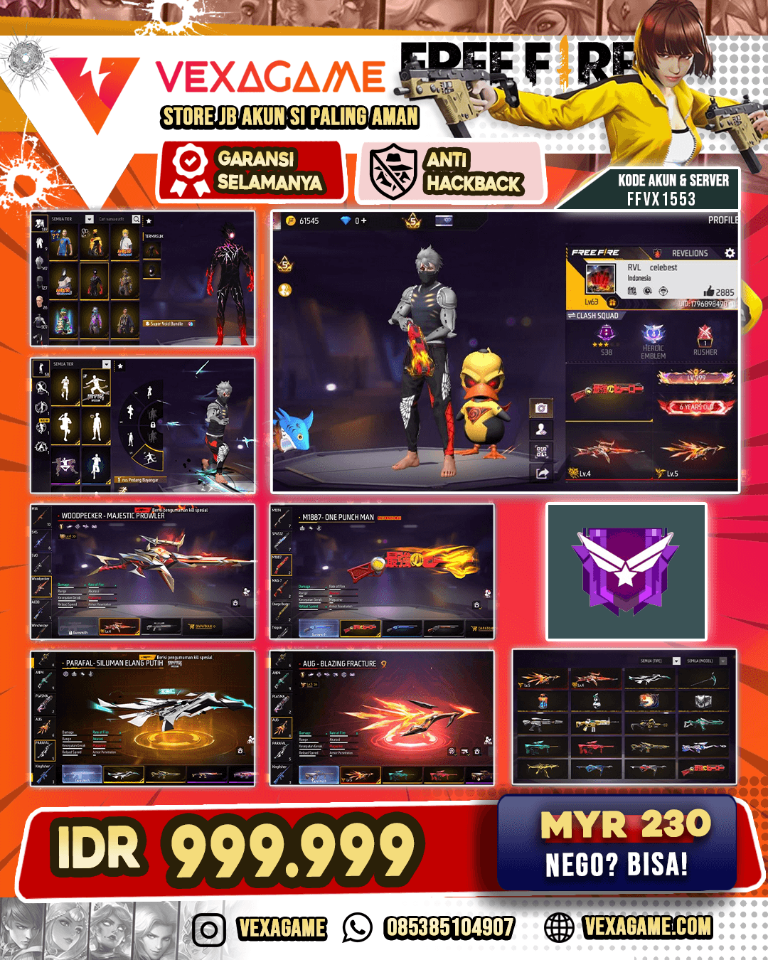 AKUN FF GAGAH | SG OPM | 2 EVO (AUG LVL-5) - (WOODPECKER LVL-4) | VAULT 300++