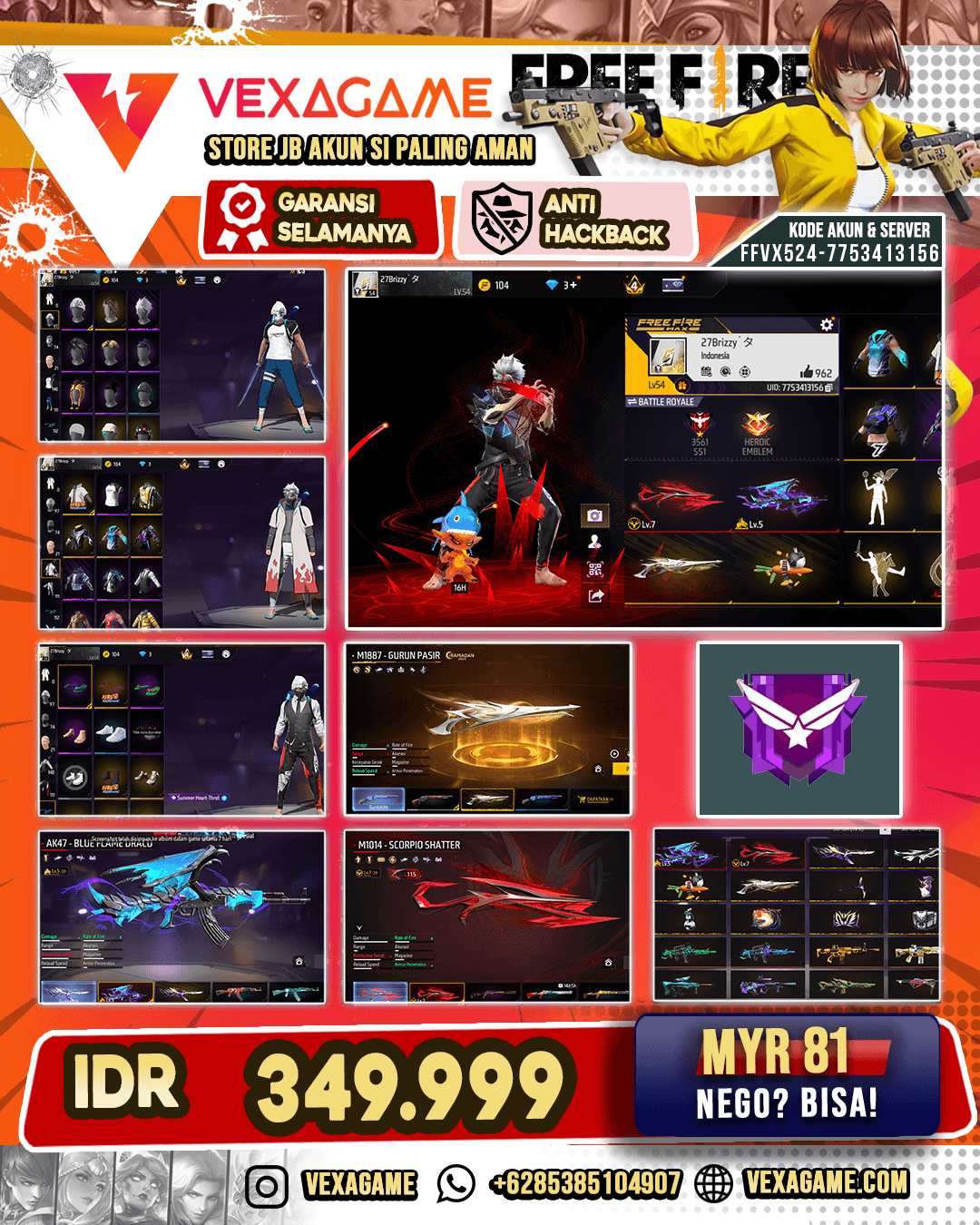 AK47 Blue Flame Draco Lv 5 | SG Panjang Evo MAX | SG Gurun | backpack Bunny | Vault 100+