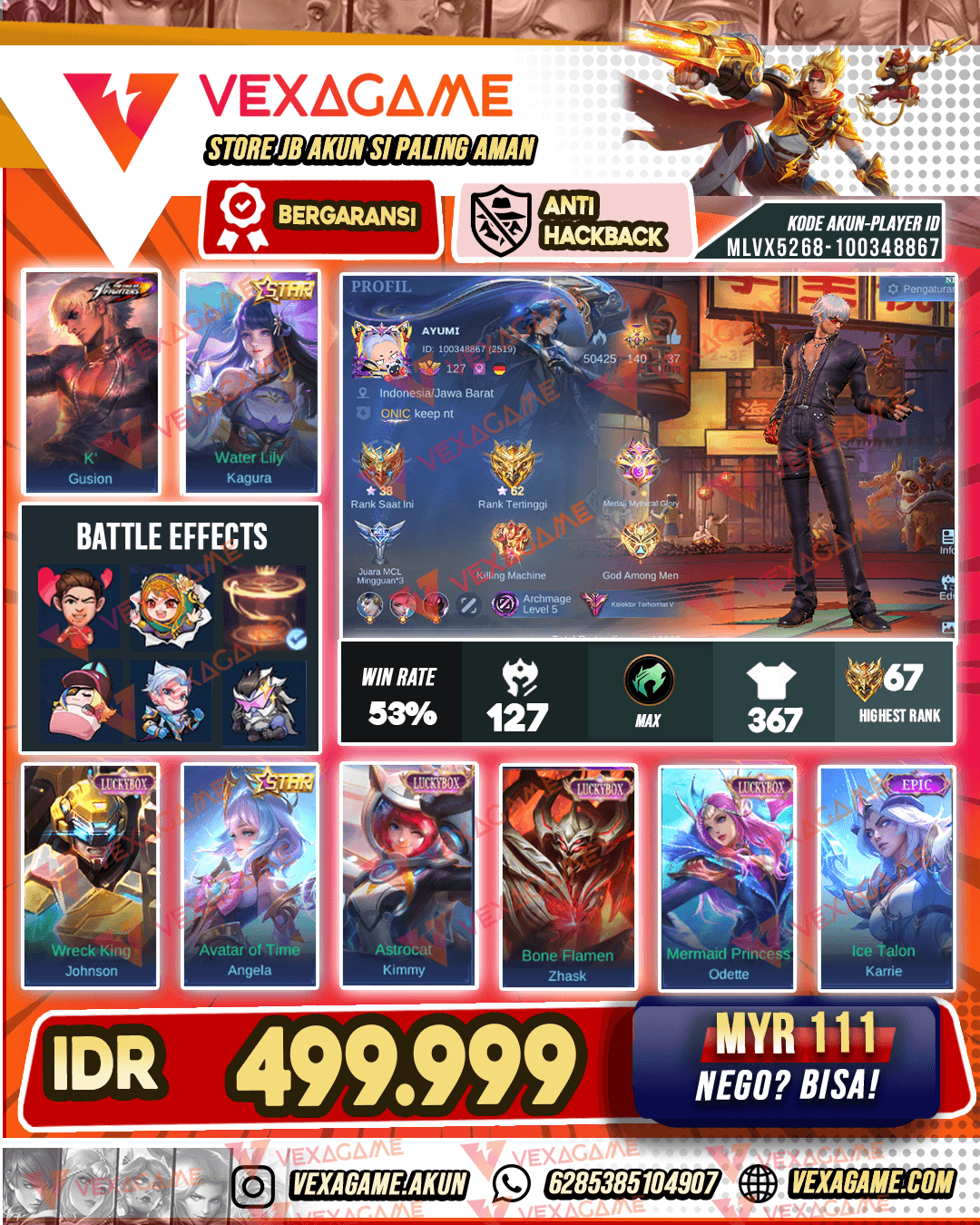Gusion KOF | Kagura Star | 4 Luckybox | Recal tas tas merah | Emblem MAX |