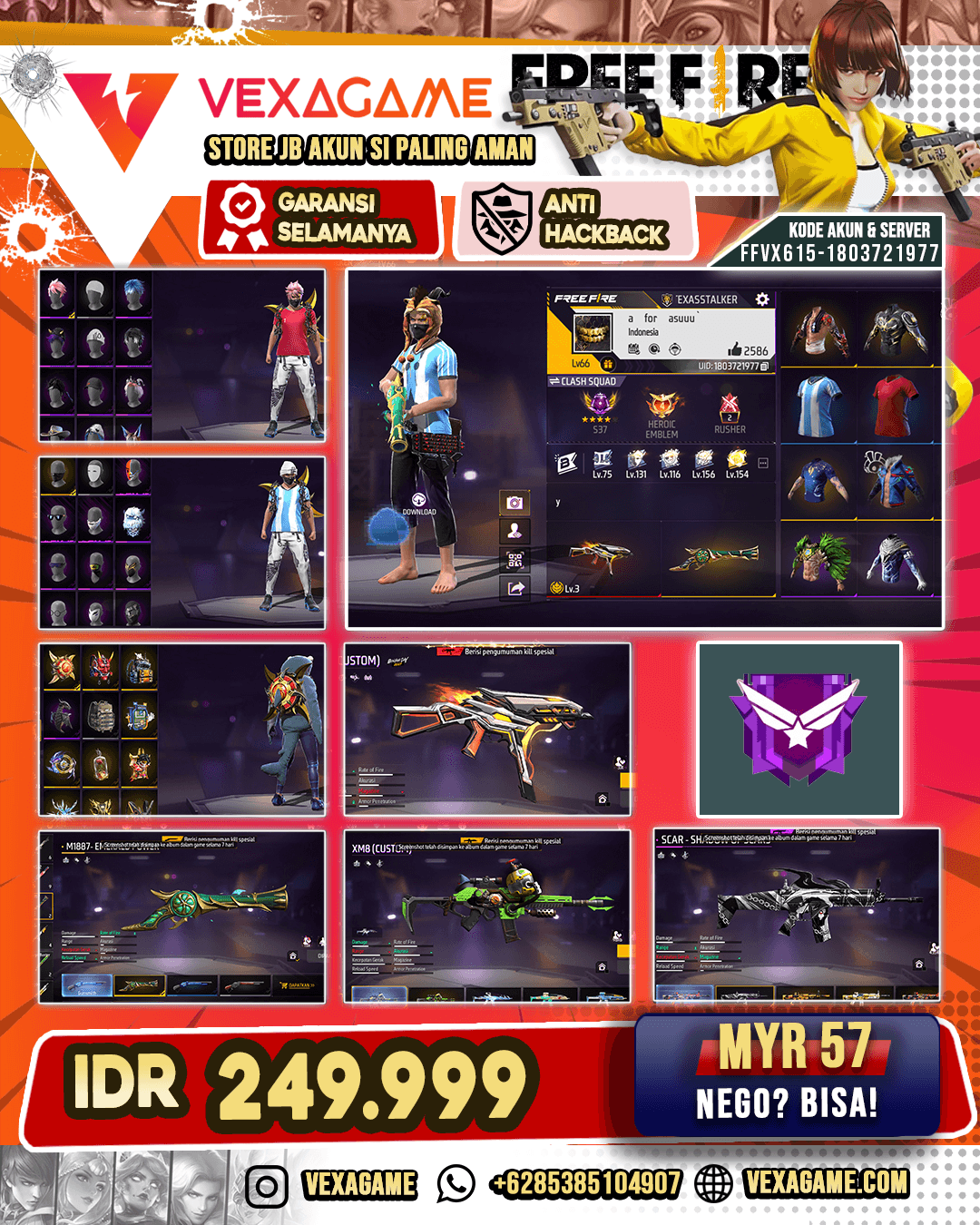 Jenggot BNL | XM8 Poison | SCAR Shadows of Scars | UMP Booyah Day Lv 3 | MP40 Blazing Heart | SG Terompet | Vault 250+