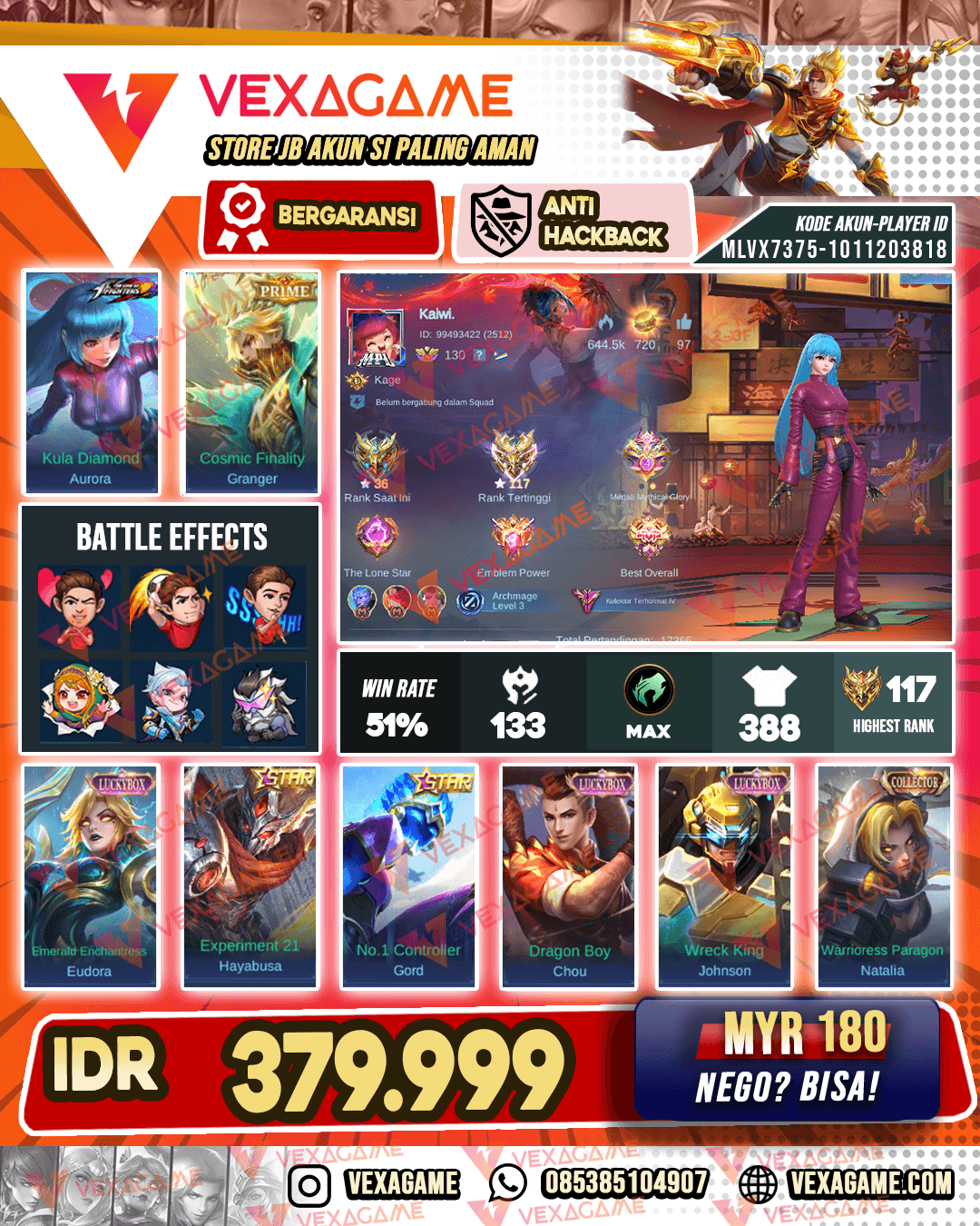 Aurora kof | Grangger Prime | Haya annualstar | 3 Luckybox | Emblem + Hero MAX | Recall Snowman