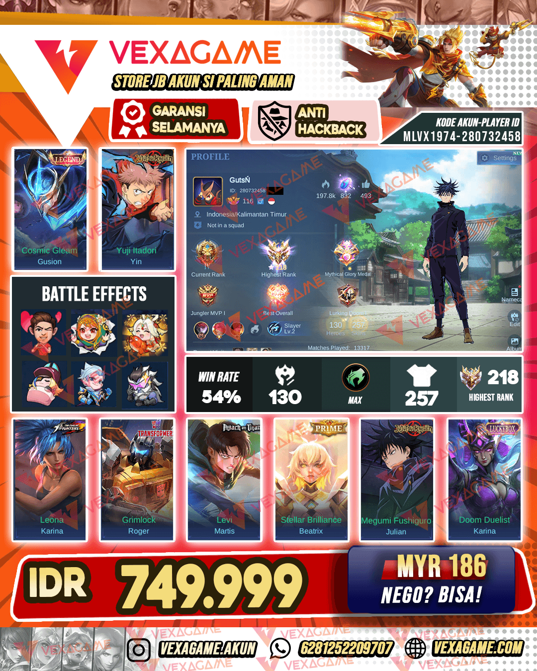 Gusion Legend | Martis AoT | Yin JJK | Julian JJK | Ex Top Global 7 Julian | Ex Immo