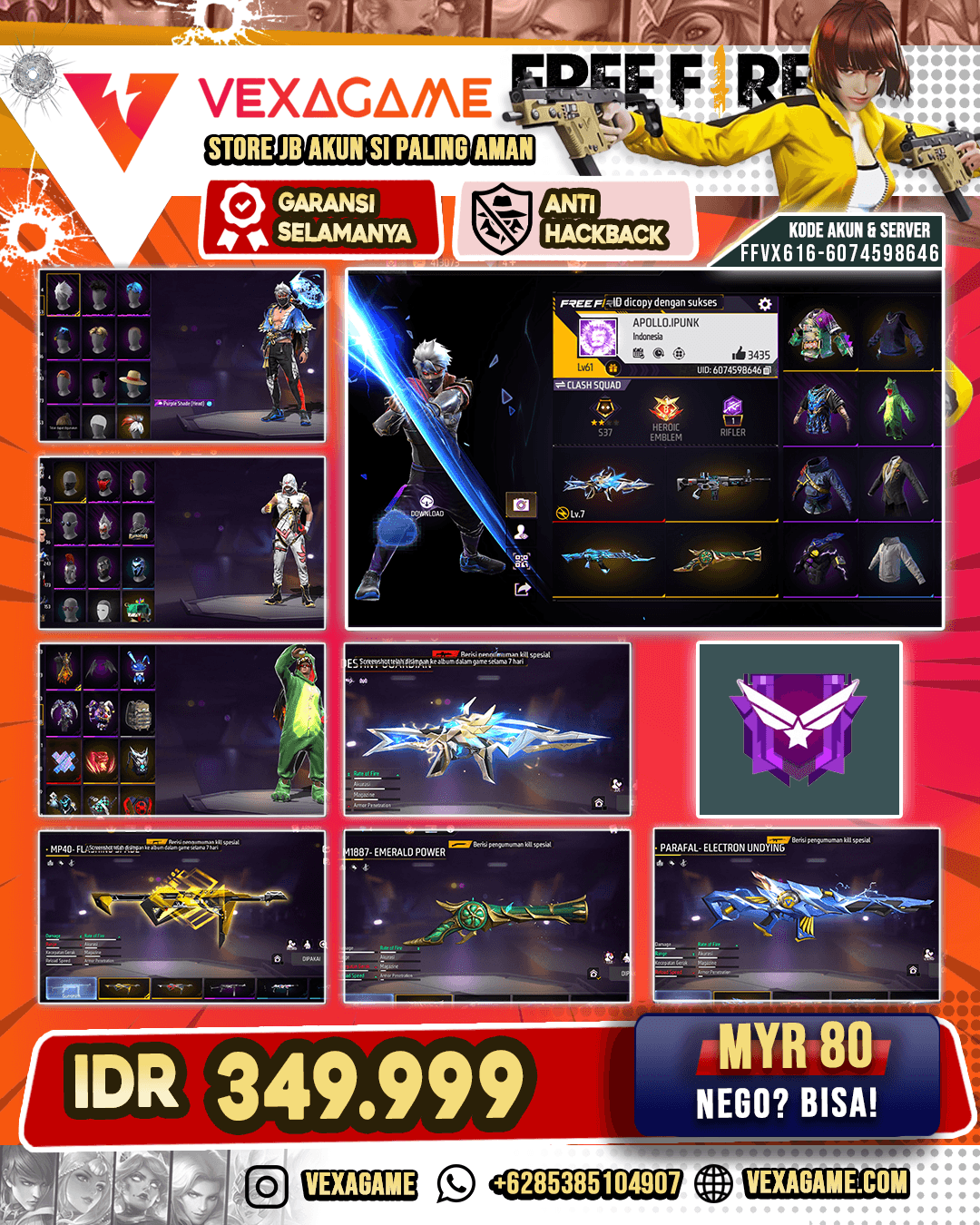 Purple Shade Head | Backpack Sayap | AK47 Unicorn's Rage |  XM8 Destiny Guardian Lv MAX | Parafal Electron Undying | SG Terompet | MP40 2 Rasa | Vault 200+