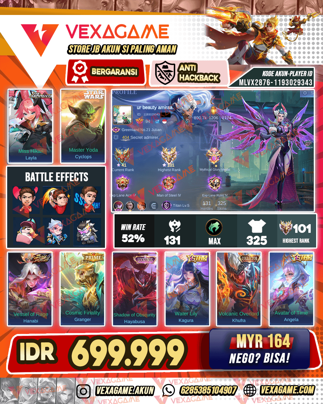 Layla Aspirants | Cyclops Starwars | Hanabi Soul Vessels | Khufra Collector | Emblem MAX | Ex Immortal