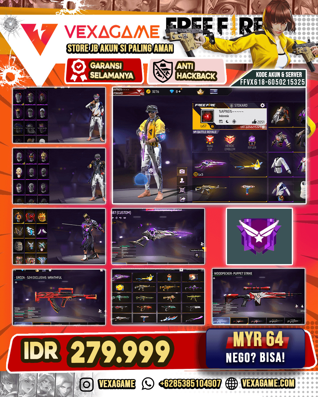 SG Gurun | SG Sterling Conqueror Lv 5 | Woodpecker Puppet Strike | Groza S24 | Backpack Sayap | Vault 150+