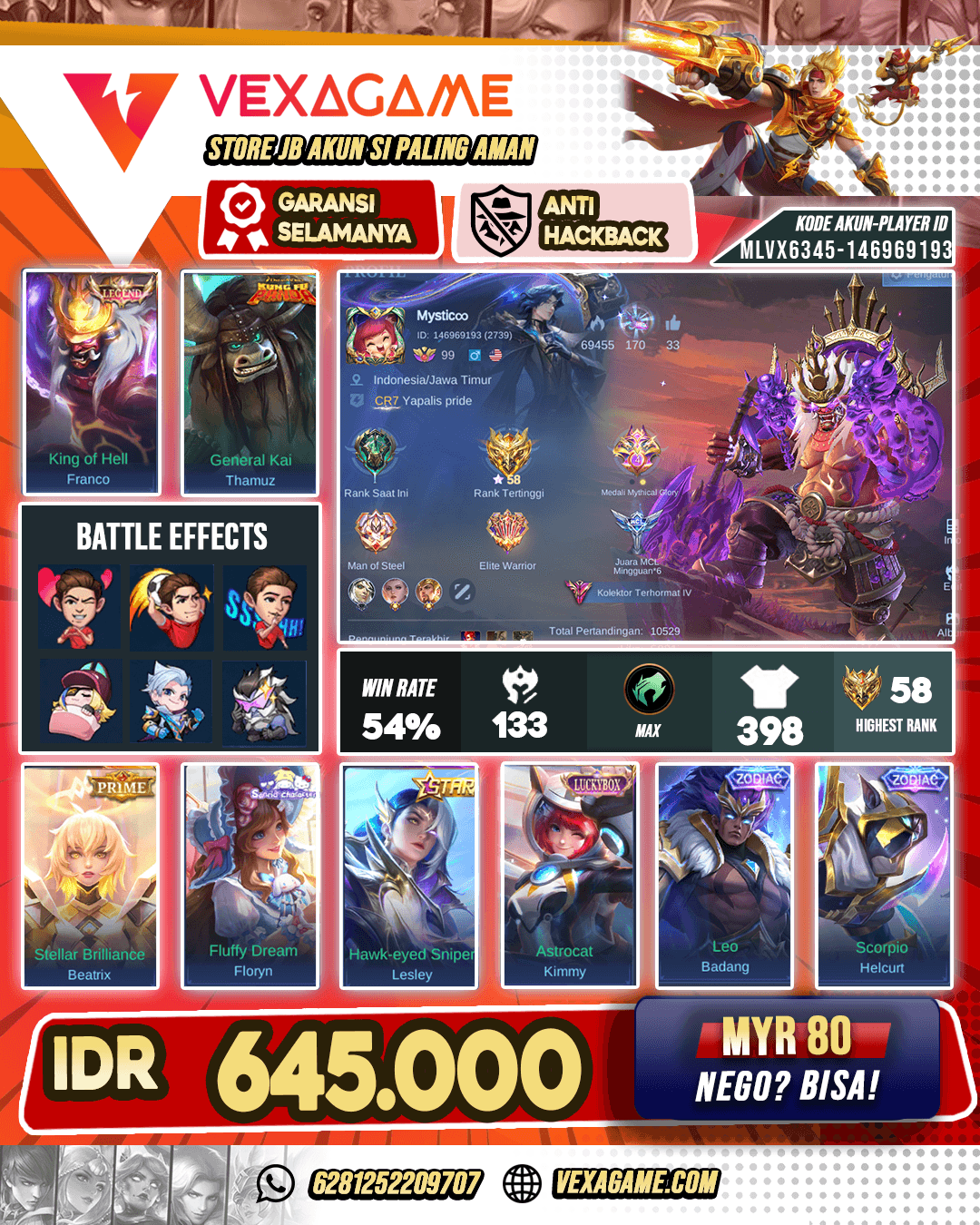 Franco Lagend | Thamuz Kungfu Pand | Beatrix Prime | Floryn Sanrio | Kimmy Luckybox | Lesley STAR kuning | 4 Zodiac | Emblem  & Hero MAX