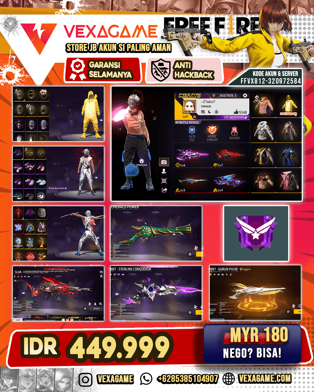 SG Terompet | SG Gurun | SG Sterling Conqueror Lv 6 | SCAR Megalodon Alpha lLV MAX | AK47 Blue Flame Draco LV 4 | M4A1 Infernal Netherworld | Vault 300+