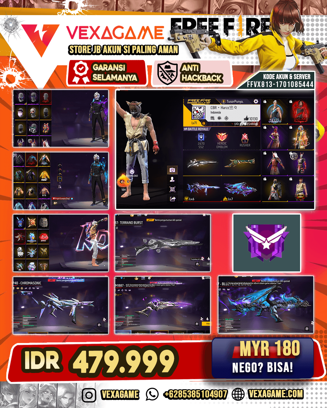 SG Sterling Conqueror Lv 4 | SG Terrano Burst | SG Terompet | MP5 Platinum Divinity 3 | MP40 Chromasonic Lv 6 | AK47 Blue Flame Draco LV MAX | M4A1 Infernal Draco LV 3 | Backpack Bunny | Vault 500+