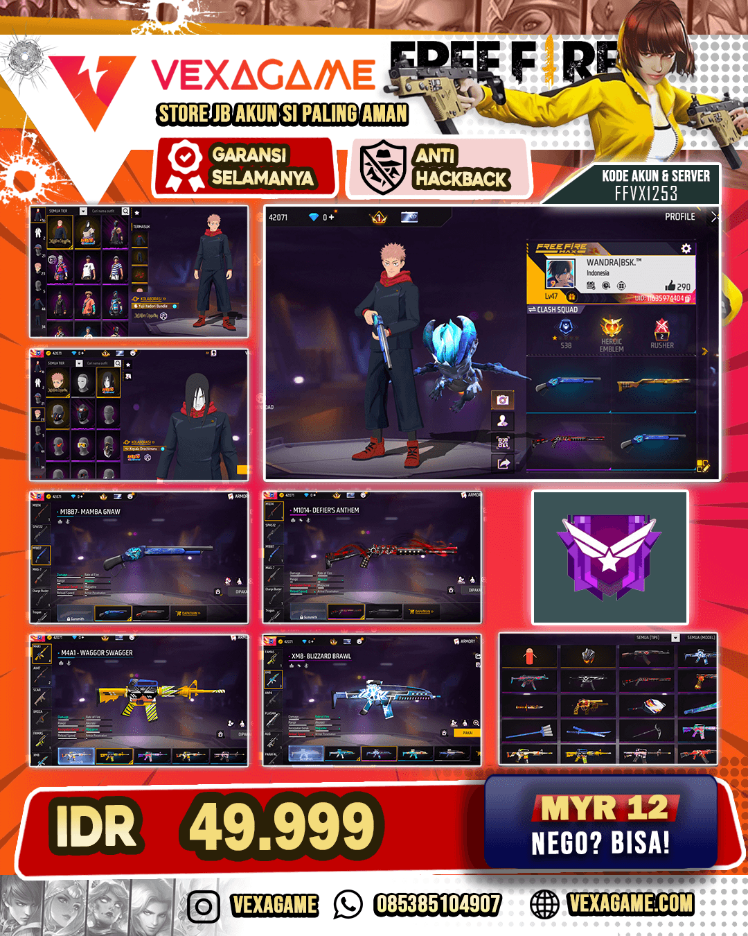 AKUN FF DANA PELAJAR | BUNDLE  JJK YUJI ITADORI | BUNDLE OROCHIMARU | BALLAD OF ONI BUNDLE