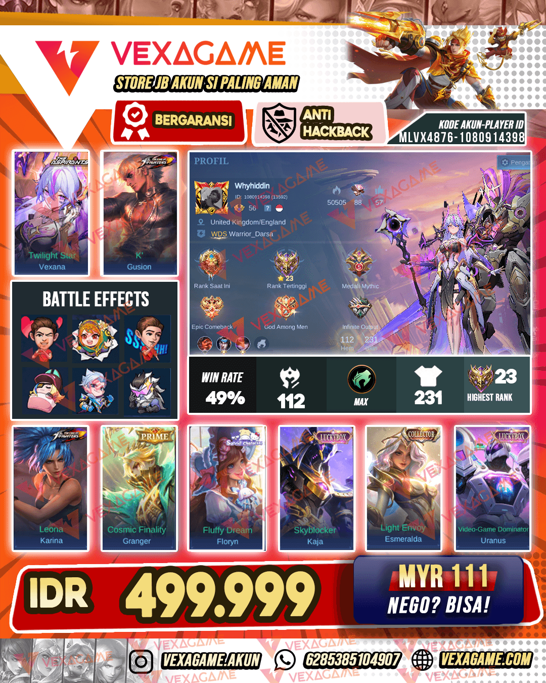 Vexana Aspirants | Gusion KOF | Esmeralda Collector | Emblem MAX
