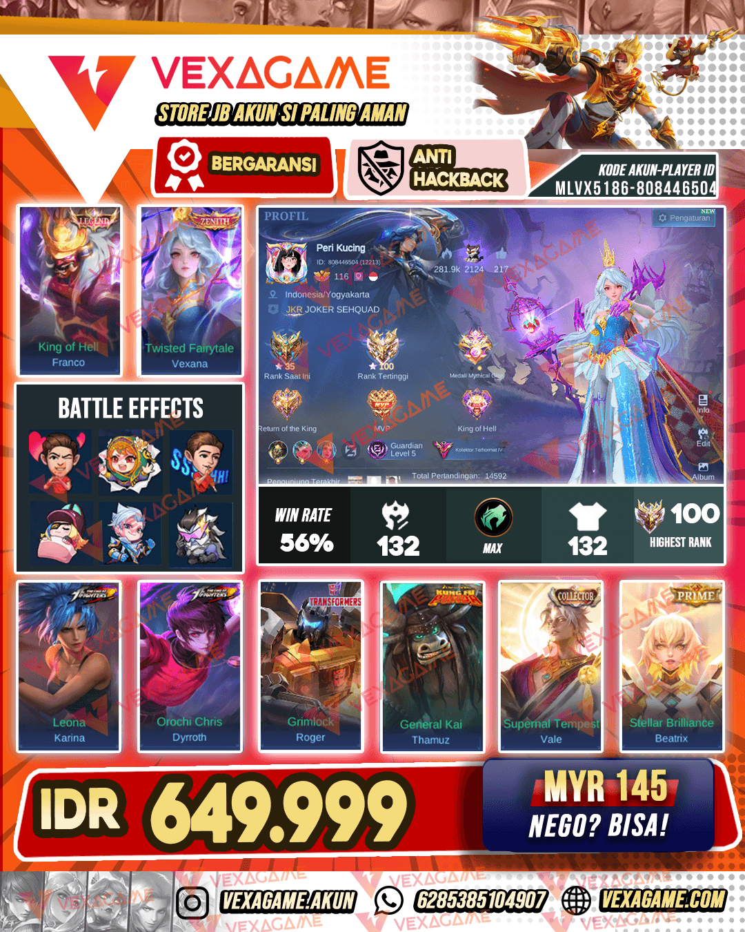 Franco Legend | Vexana Zenith | Dyrroth KOF | Vale Collector | 3 Luckybox | Emblem MAX & Hero MAX | Ex Immortal