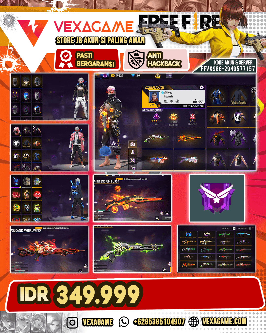 Clubber Top | Celana Angel | Backpack Bunny | AK47 Unicorn's Rage | Groza Jewel Mystified | Parafal Windrift Undying | M60 2 Rasa | SG Incendium Burst | SG Lumut | Vault 250+
