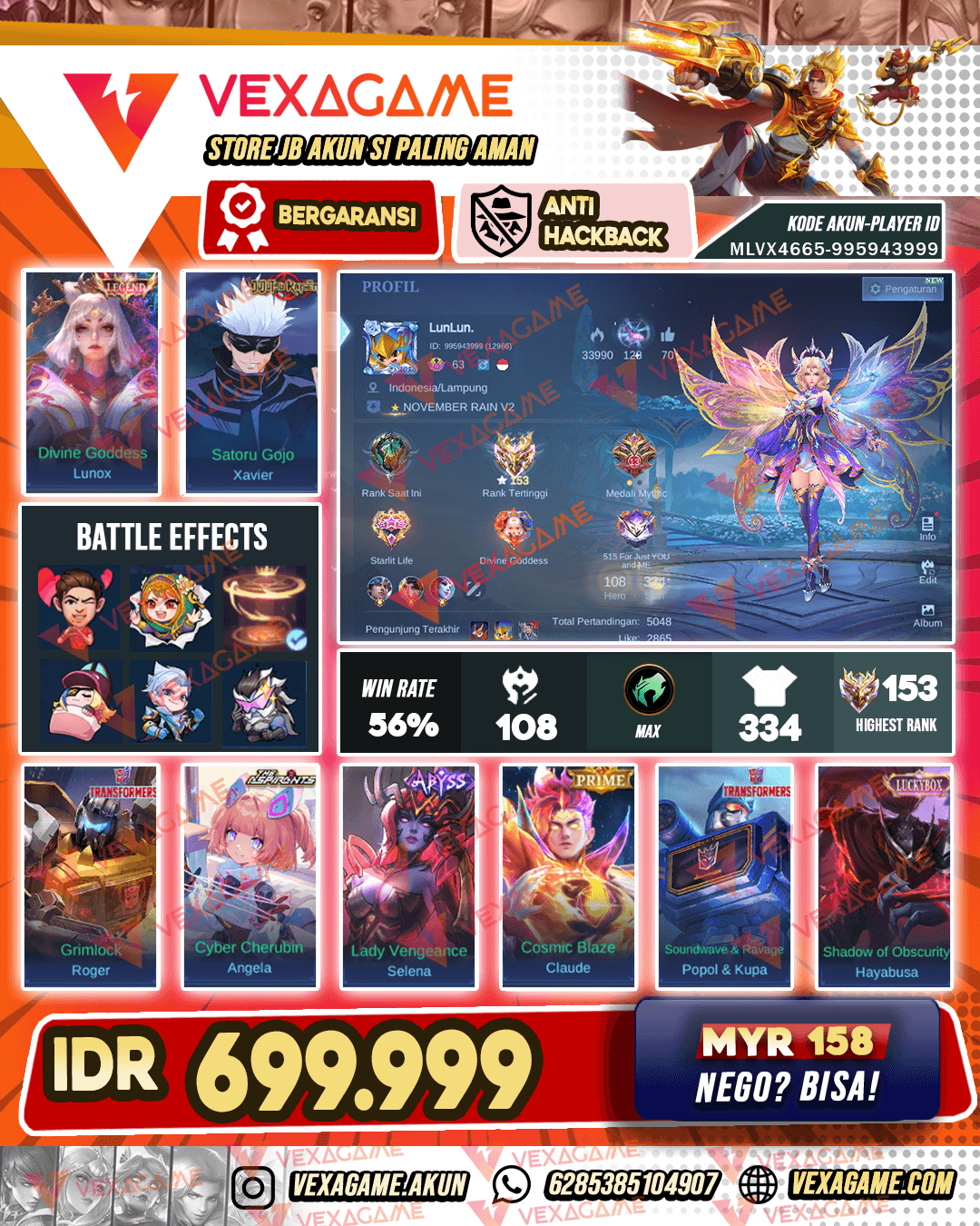 Lunox Legend | Angela Aspirants | Selena Abyss | Popol Kupa Transformers | Xavier JJK | Emblem MAX | Recall Tas Tas Merah