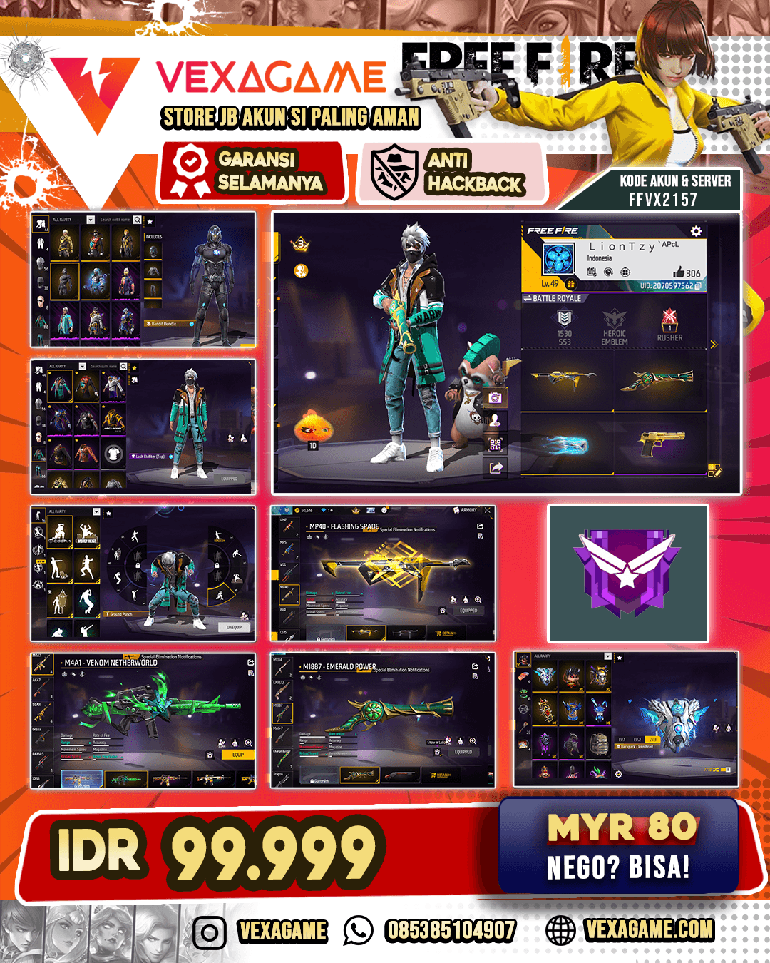 Bandit Bundle | Rambut Kakashi Putih ON | Clubber Hijau ON | MP40 Flashing Spade | SG Terompet