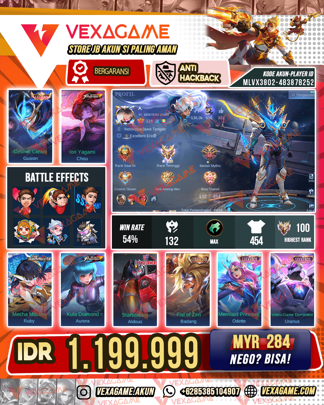 Gusion Legend | 3 KOF | 2 Transformers | Ruby Aspirants |  Masha Collector | 4 Luckybox | 2 Annual Star | Emblem MAX & Hero MAX | Ex Immortal