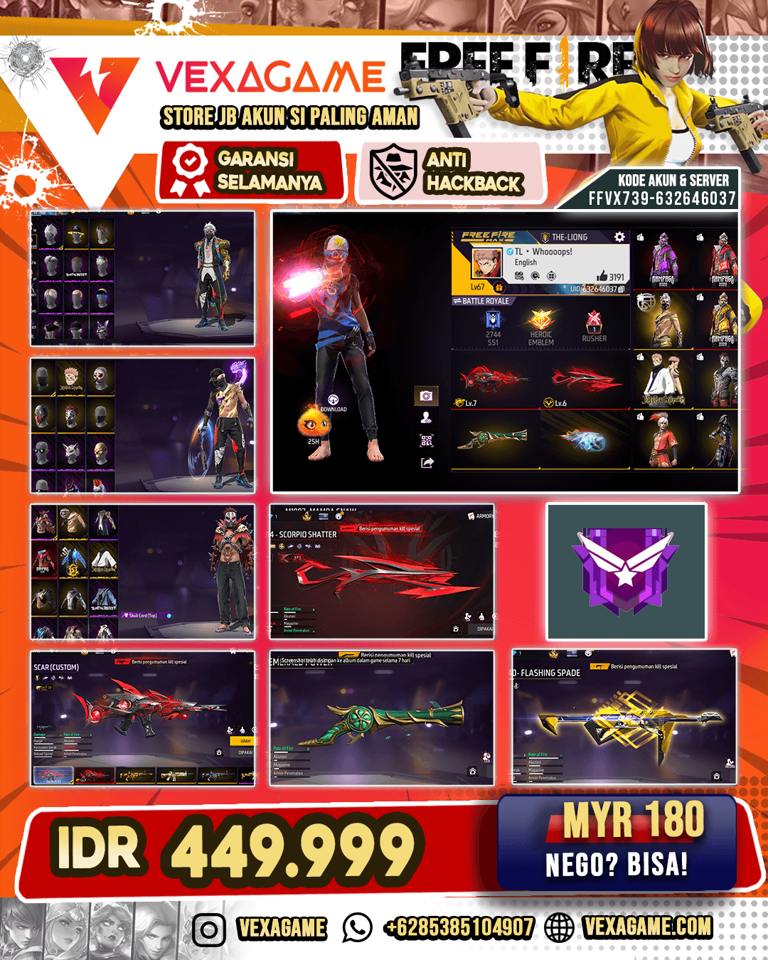 Skull Lord Top | Celana OPM | Backpack Duo Blade | SCAR Megalodon Alpha Lv MAX | MP40 Flashing Spade | SG Scropio Shatter Lv 6 | SG Terompet | Vault 497