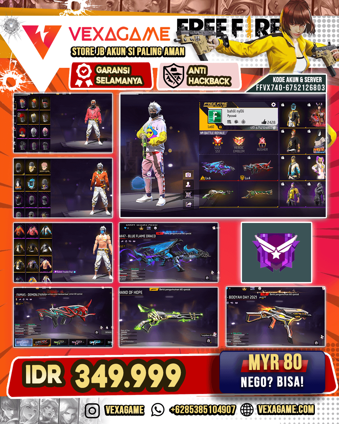 SG Lumut | SG Terompet | MP40 2 Rasa | UMP Booayh Day Lv 4 | Famas Demonic Grin Lv 4 | SCAR Cahaya Bulan | AK47 Blue Flame Draco Lv 6 | M4A1 Griffin's Fury | Vault 250+