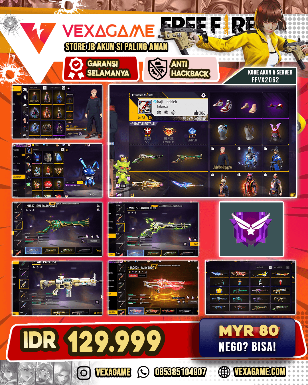 SG Terompet | SG Lumut | AWM Frostfire Snip | Katana ON | Jordan | Nyeker | Backpack Bunny | Vault 100+