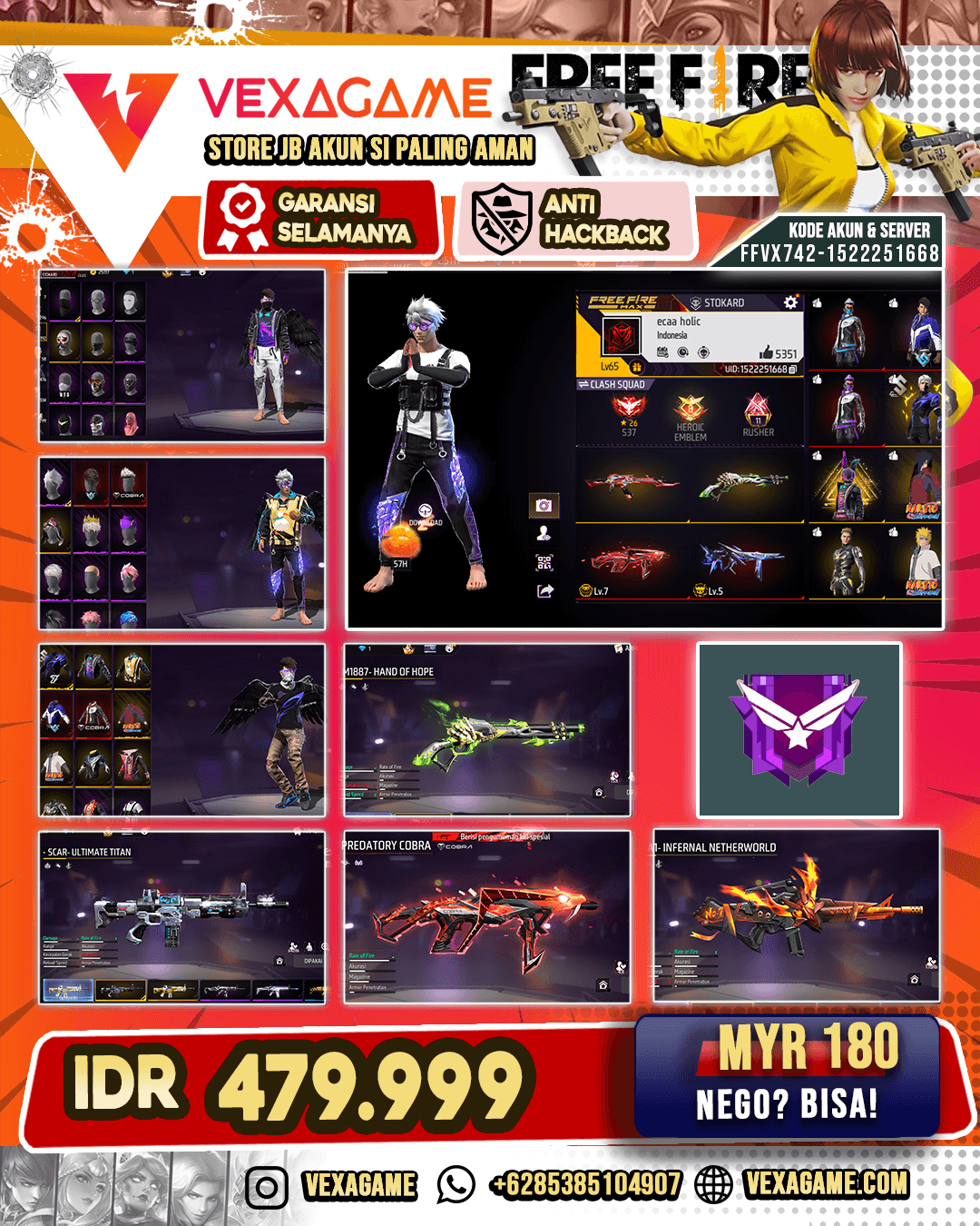 SG Lumut | VSS Reaper | MP40 Predatory Cobra Lv MAX | SCAR Ultimate Titan | Ak47 Unicorn''s Rage | M4A1 Infernal Netherworld | Backpack Sayap | Vault 450+