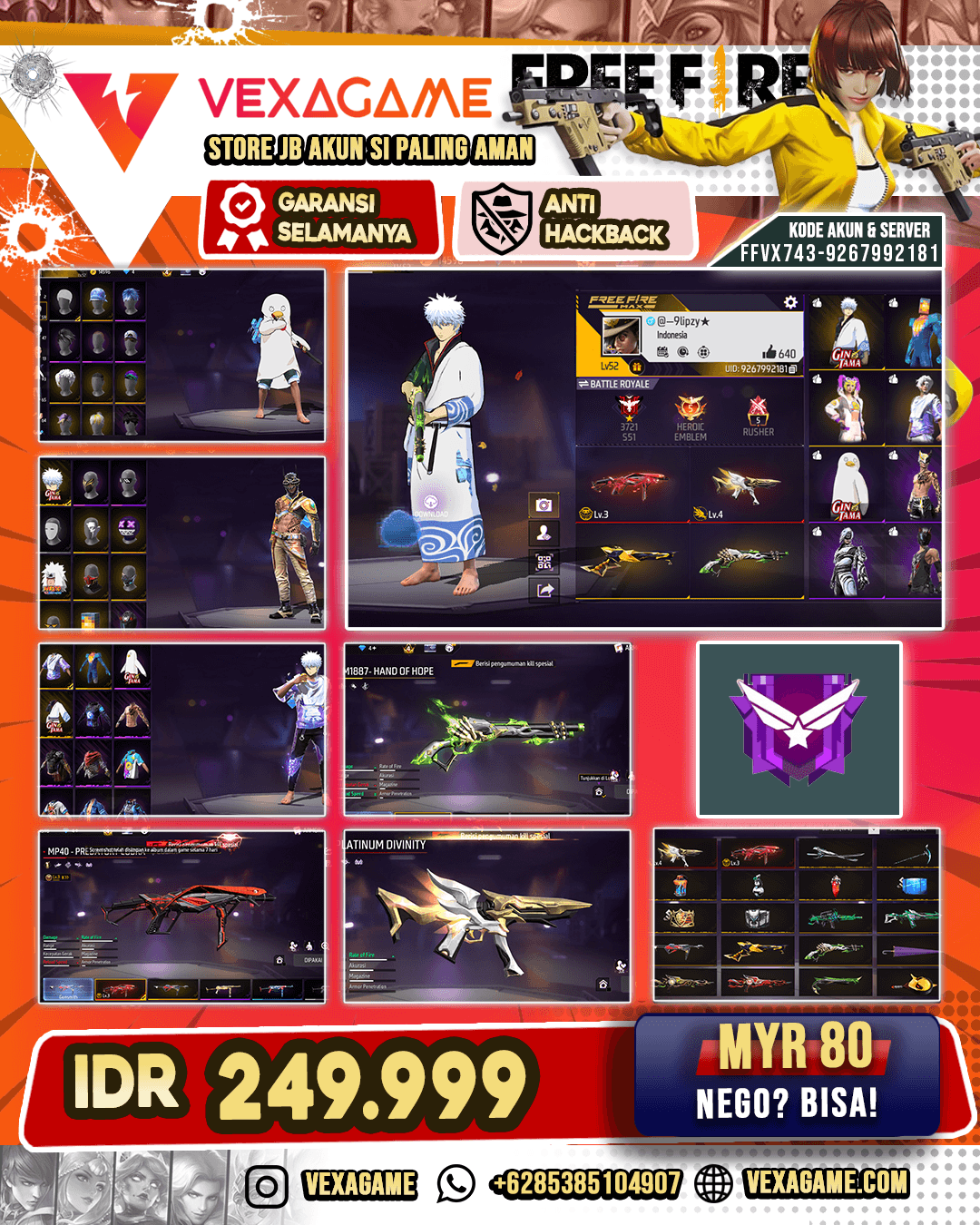 SG Lumut | MP40 Predatory Cobra Lv 3 | MP5 Platinum Divinity Lv 4 | Backpack JJK | Celana Angel |