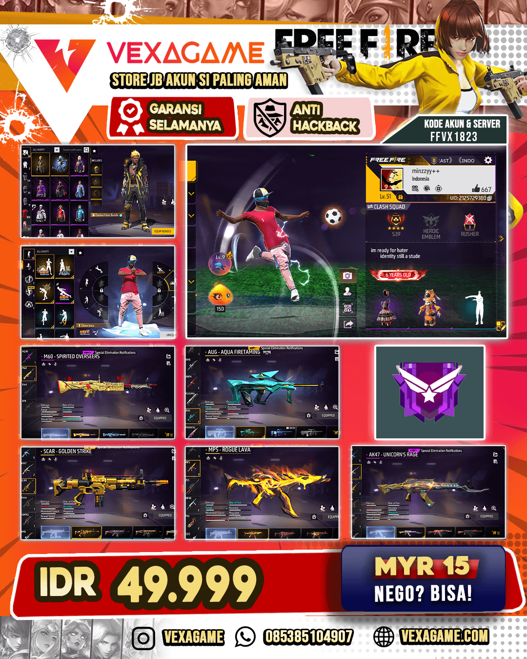 Akun Murah FF |  Scar Golden Strike | AUG Fiiretam,ing | MP5 Rogue Lava |  Vault 100++