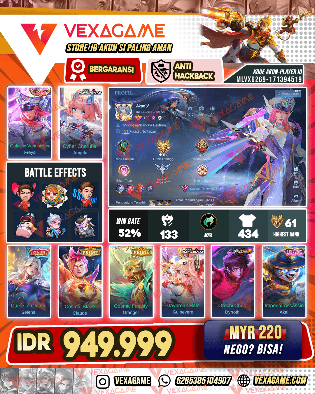Freya Legend | Angela Aspirants | Guinevere Aspirants | Selena Zenith | Dyroth KOF | 4 Luckybox | 4 Zodiac | 2 STAR Kuning | Emblem & Hero MAX