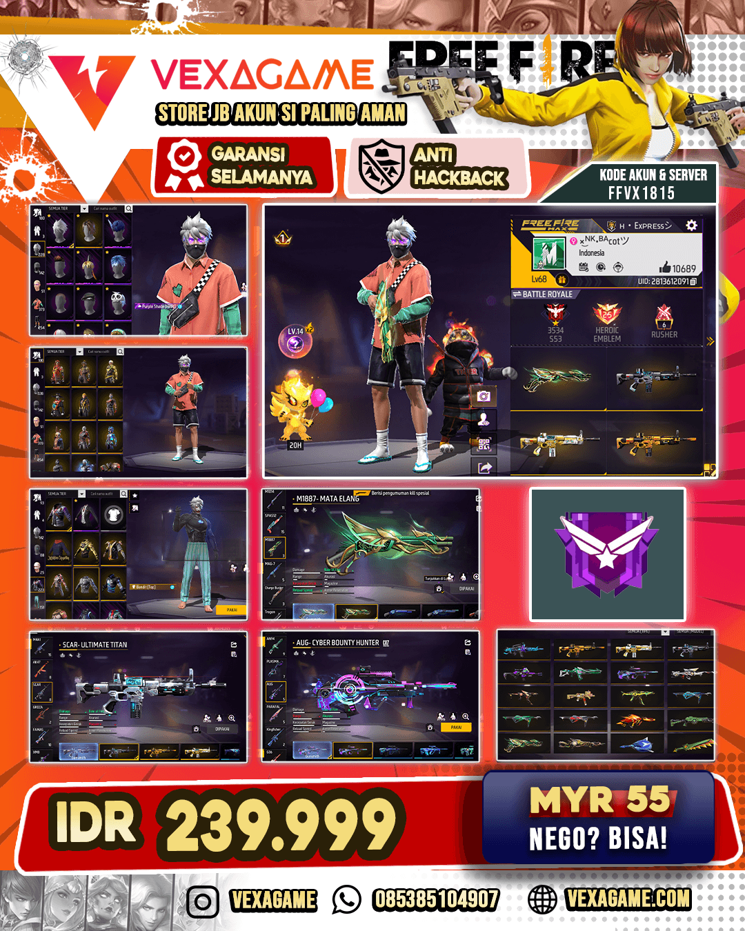SG2 MATEL | SCAR TITAN | KATANA ON | VAULT 350++ | BUNDLE BANDIT | RAMBUT KAKASI PUTIH | EMOT 44