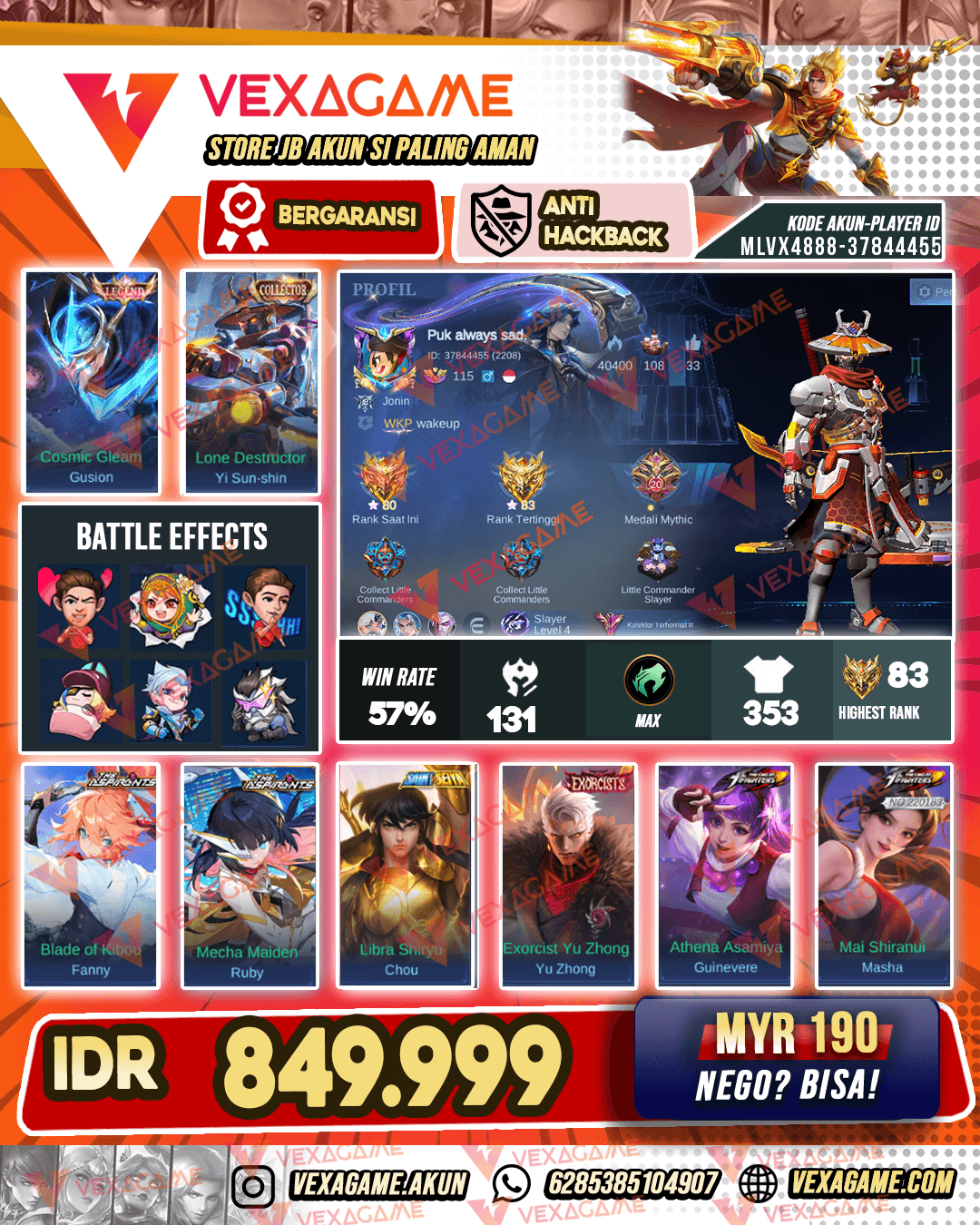 Gusion Legend | YSS Collector | Chou Saint Seiya | Yu Zhong Exorcist  | 2 Aspirants | 4 Transformers | 2 KOF | Emblem MAX & Hero MAX