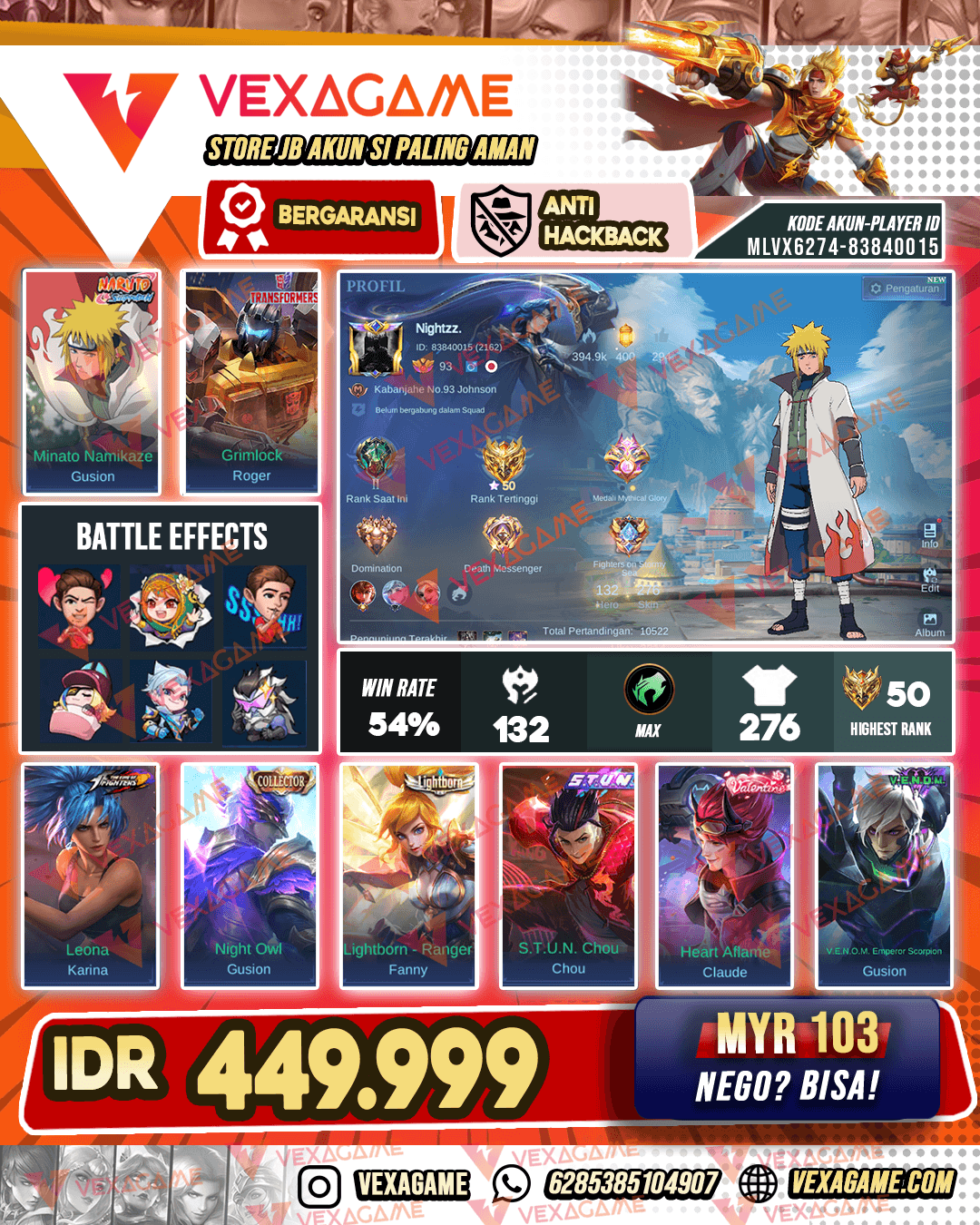 Gusion Minato | Gusion Collector | Chou STUN | Claude Valentine | Emblem MAX | Hero OTW MAX