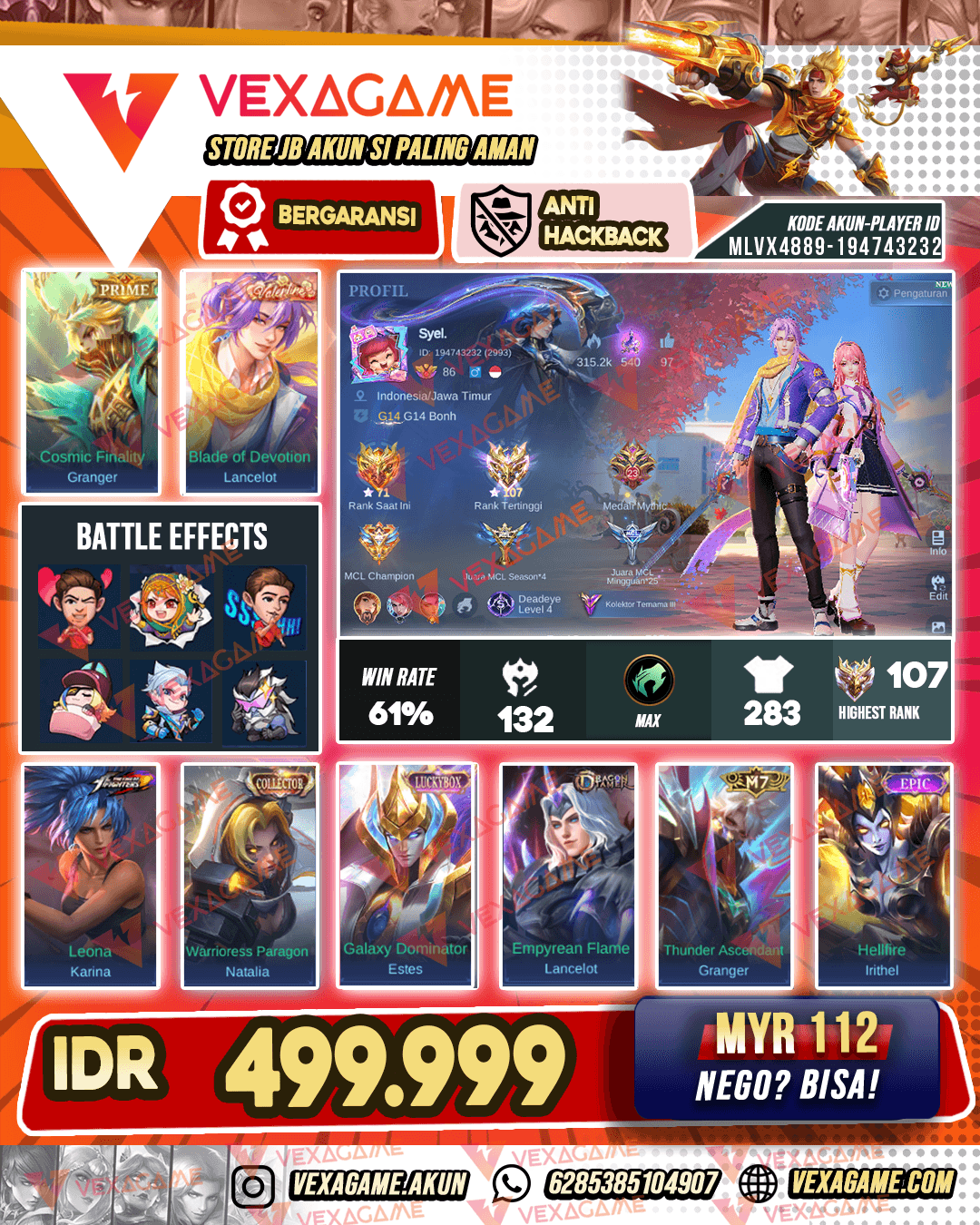 Lancelot Valentine X Granger PRIME | Emblem MAX & Hero MAX |  Ex Immortal