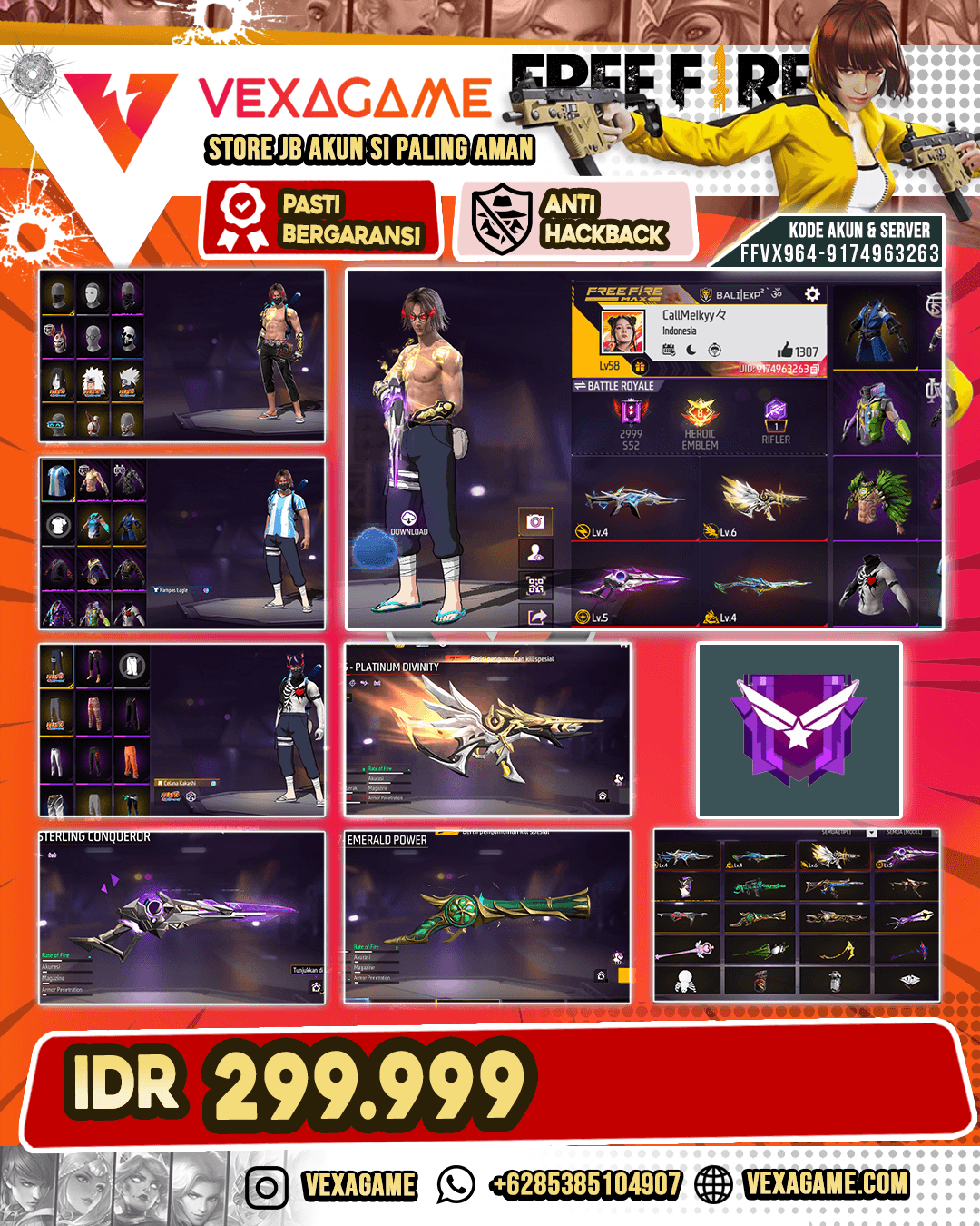 Pampas Eagle | Celana Penjara | Backpack Bunny | SCAR Cahaya Bulan | XM8 Destiny Guardian Lv 4 | Parafal Lore Cyclone Lv 4 | MP5 Platinum Divinity Lv 6 | SG Sterling Lv 5 | SG Terompet | Vault 100+