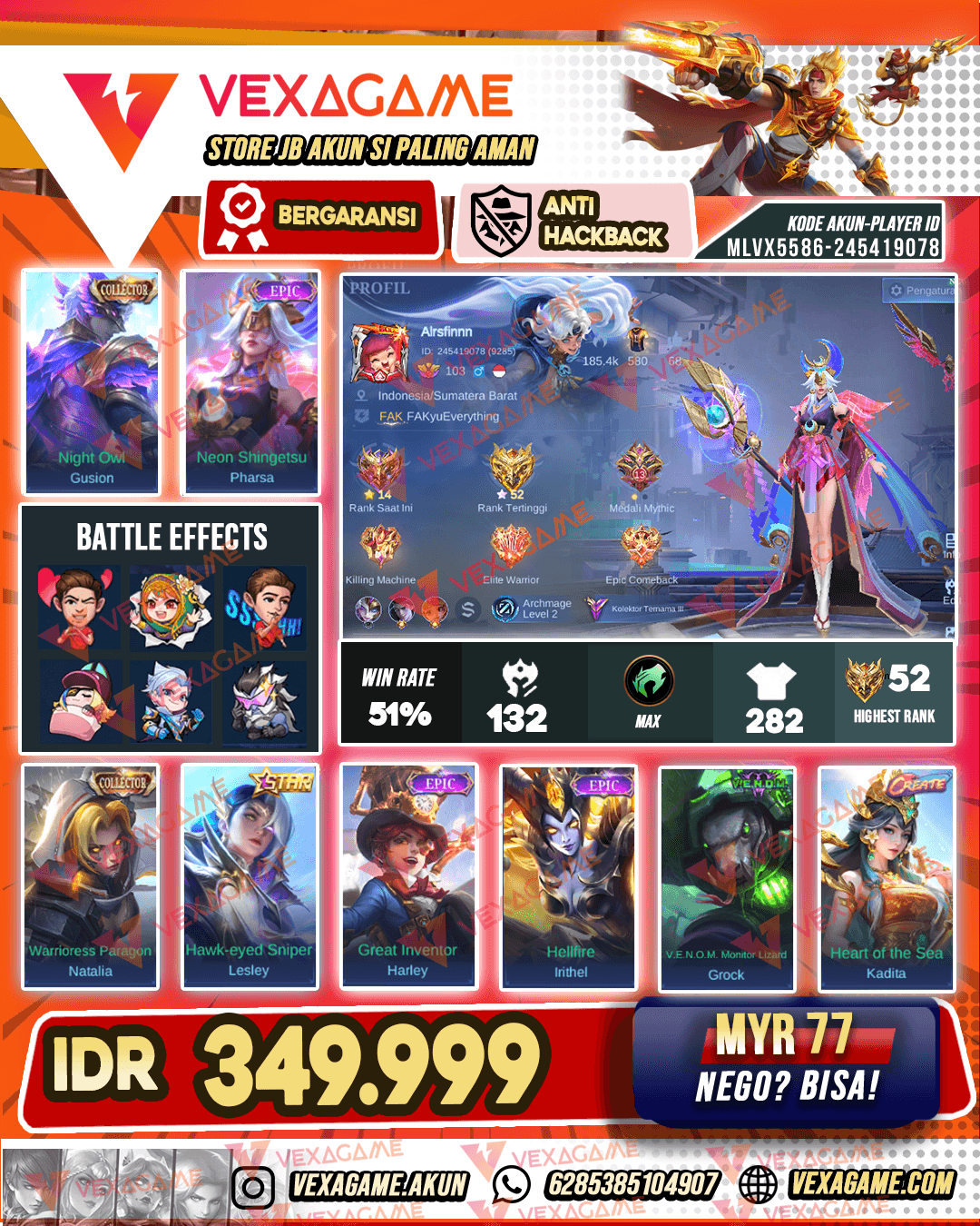 Gusion Collector | Pharsa Epic | Emblem Max | Hero Max