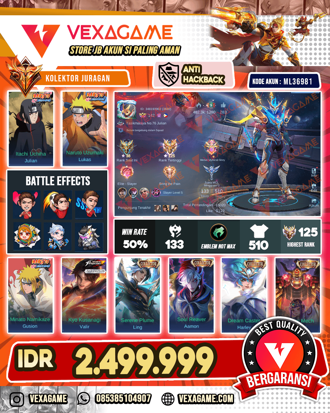 Gusion Legend | 3 Skin Naruto | Valir KOF | 2 Prime | 5 Collector | 6 Luckybox | Emblem MAX & Hero MAX | Ex Immortal