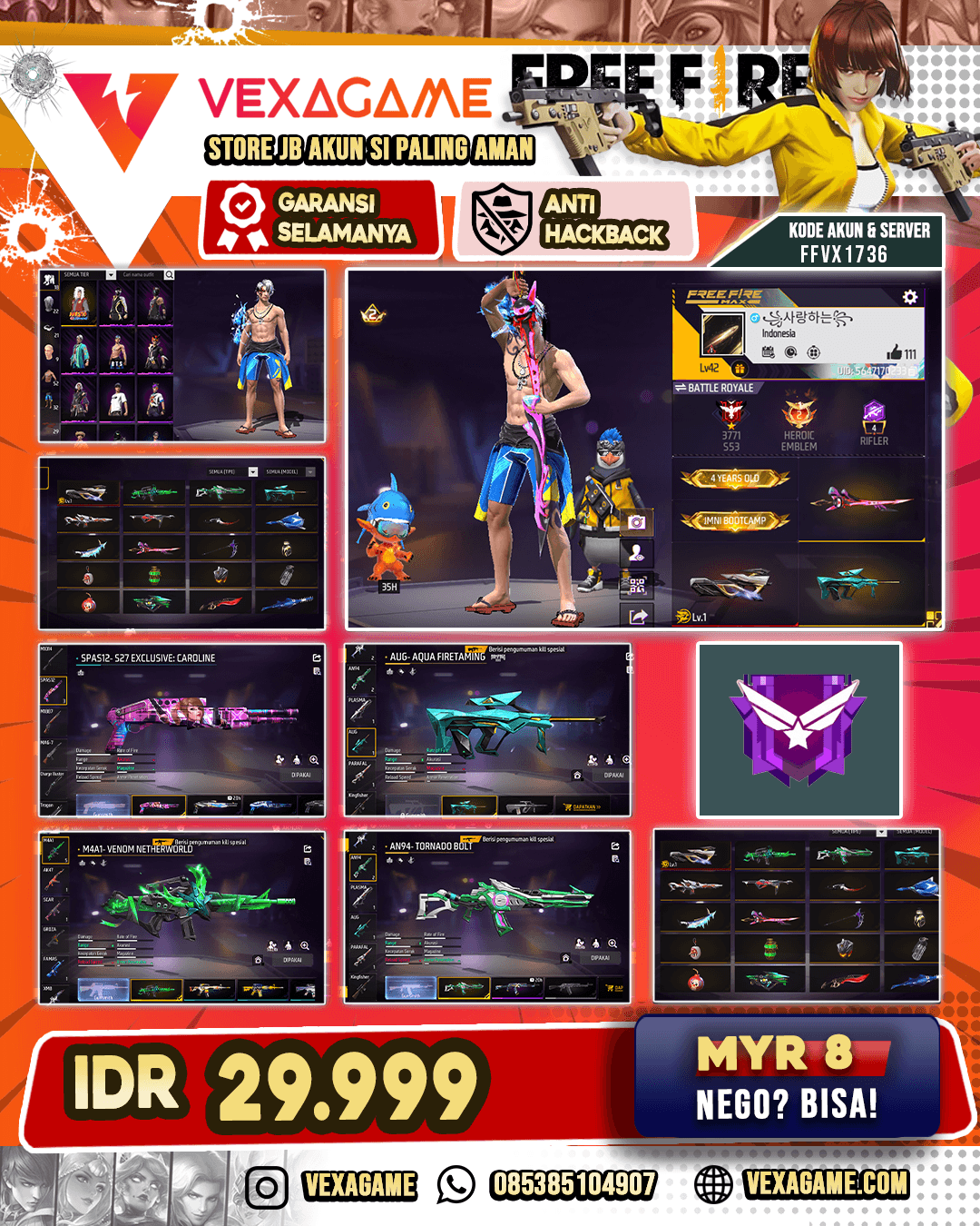 AKUN FF MURAH | EVO P90 | M4A1 VENOM NETHERWORLD | AUG AQUA FIRETAMING | BUNDLE JIRAYA | VAULT 50++
