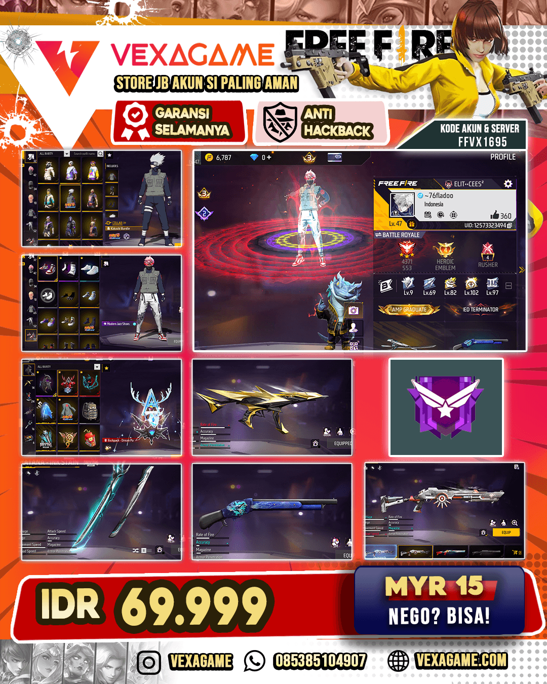 AKUN FF MURAH | SG Mamba | Katana On | Tinju On |  Emot Raja On | Sepatu Jordan On  |  Bundle Kakashi