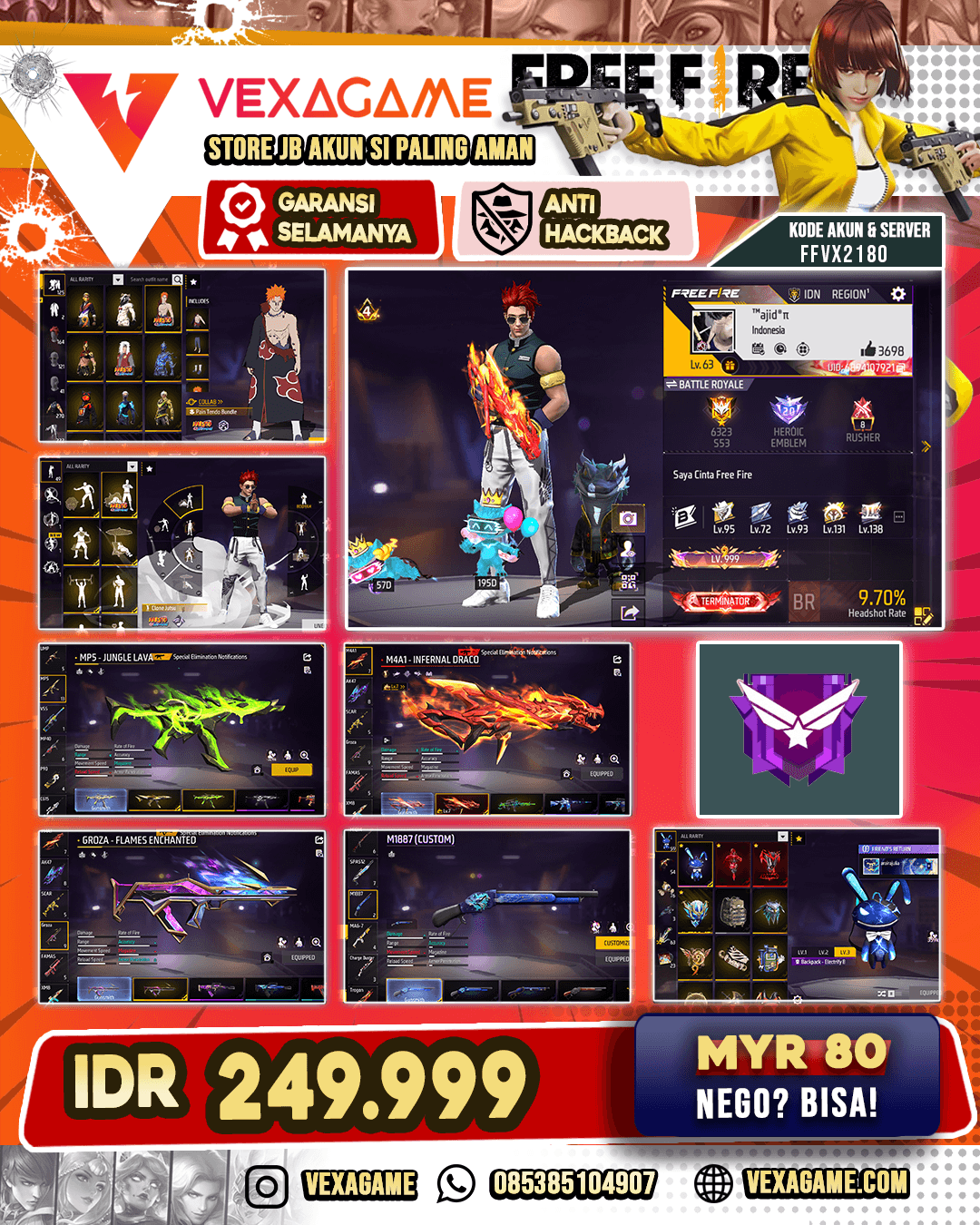 2 Evo 1 Max | Katana On | MP5 Crowned Glory | MP5 Jungle Lava | SG Duo Biru | Bundle Obito X Jiraya | Vault 200++ | Emot 49