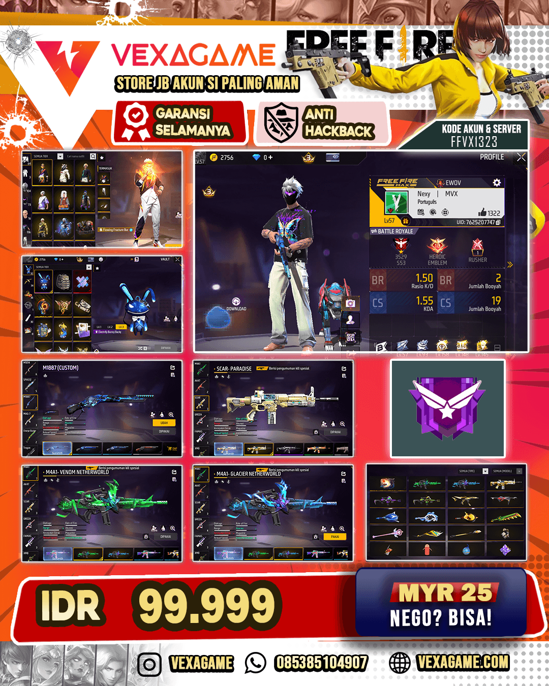 AKUN  FF DANA PELAJAR | SCAR PARADISE | M4A1 GLACIER NETHERLAWORLD | M4A1 VENOM NETHERLAWORLD | MP5 CROWNED GLORY | XM8 TOXIC PUMPKIN | VAULT 100+