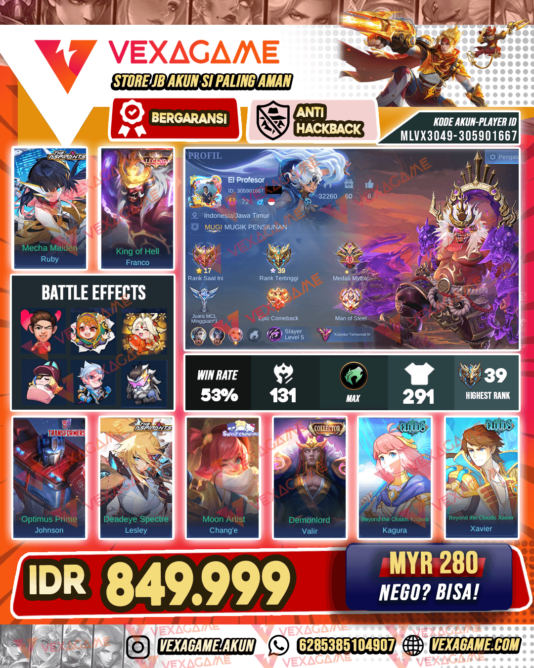 Franco Legend | Valir Collector | 2 Aspirants | 2 Floryn Sanrio | 5 Luckybox | Hero MAX & Emblem MAX
