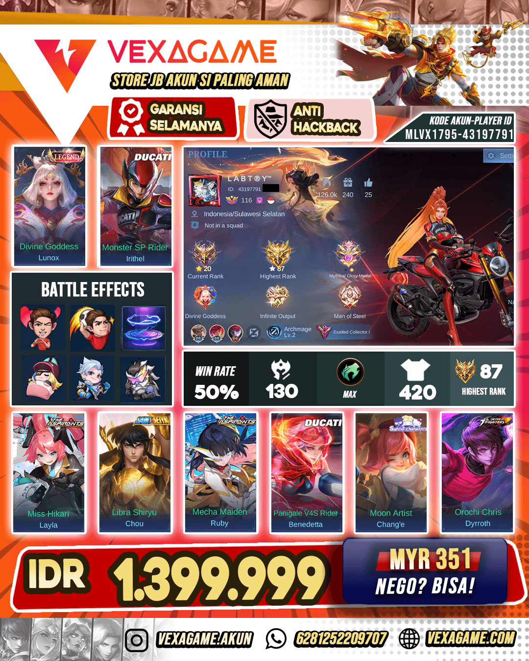 Lunox Legend X 3 Collector X Irithel Ducati X Benedetta Ducati X Chou Saint Seiya Gold X Ruby Asphirant X Change Asphirant X Change Sanrio | Recall Tas Tas