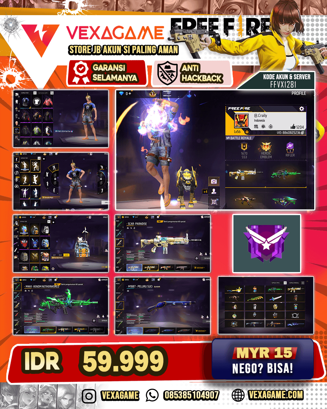 AKUN FF MURAH | M4A1 Venom Netherworld | Scar Paradise | AC80 Anemo Light |  UMP Down Voyage |  SG MAMBA | SG PELURU SUCI