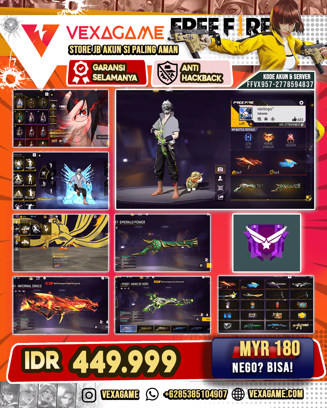 Bundle Sasuke | Emote Kyuubi | Backpack Sayap | M4A1 Infernal Draco LV MAX | SCAR Paradise | MP5 CR7 | SG Lumut | SG Terompet | Vault 150+