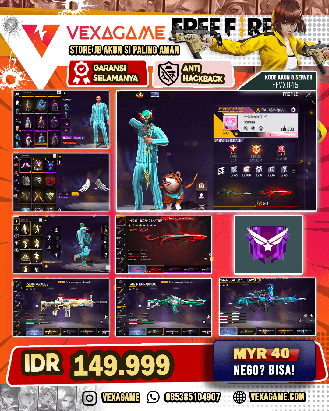 Saitama Pajamas Bundle | Backpack Sayap | M4A1 Glacier Netherworld | SCAR Paradise | AN94 Tornado Bolt | SG Scorpio Shatter Lv 3