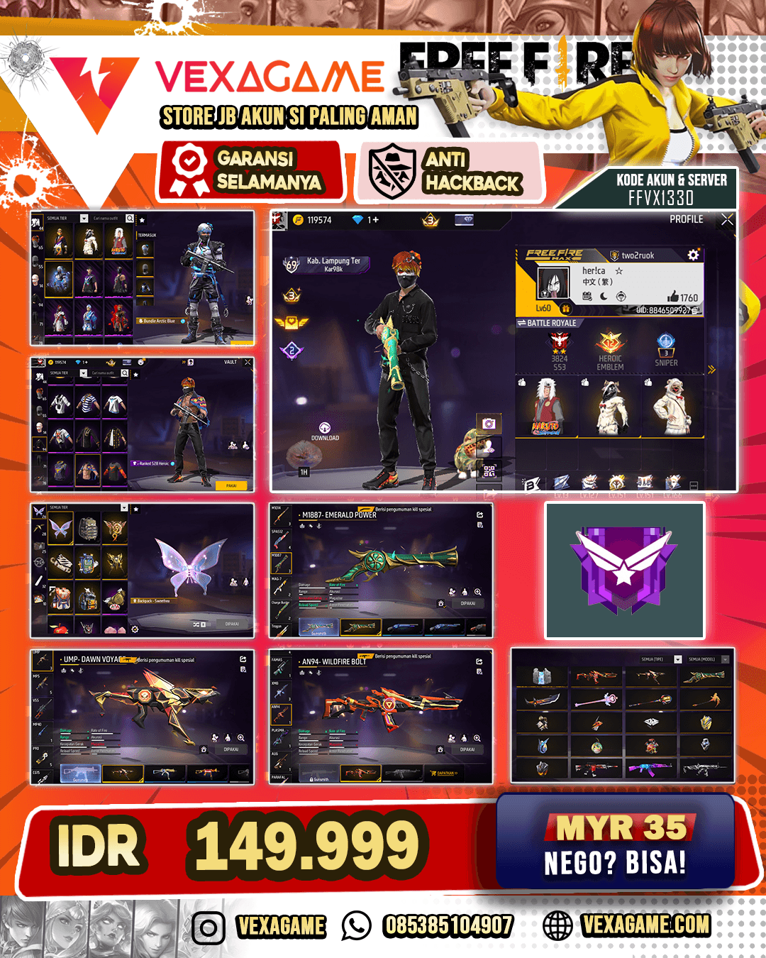AKUN FF DANA PELAJAR | SG TEROMPET | AN94 WILDFIRE BOLT | UMP DOWN VOYAGE | VAULT 0TW 101